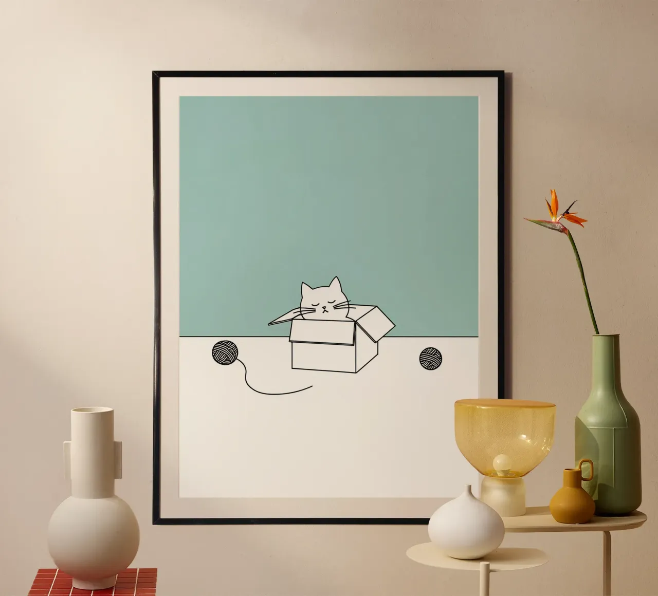 Chat dans une boîte avec des pelotes de laine Dessin minimaliste au trait hahnemühle de Viv Line Art