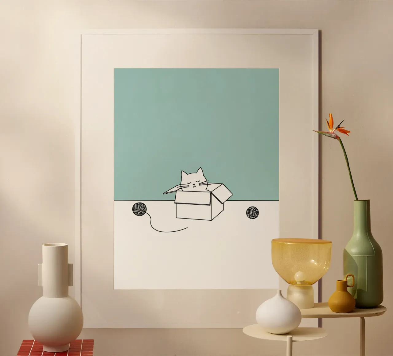 Chat dans une boîte avec des pelotes de laine Dessin minimaliste au trait hahnemühle de Viv Line Art