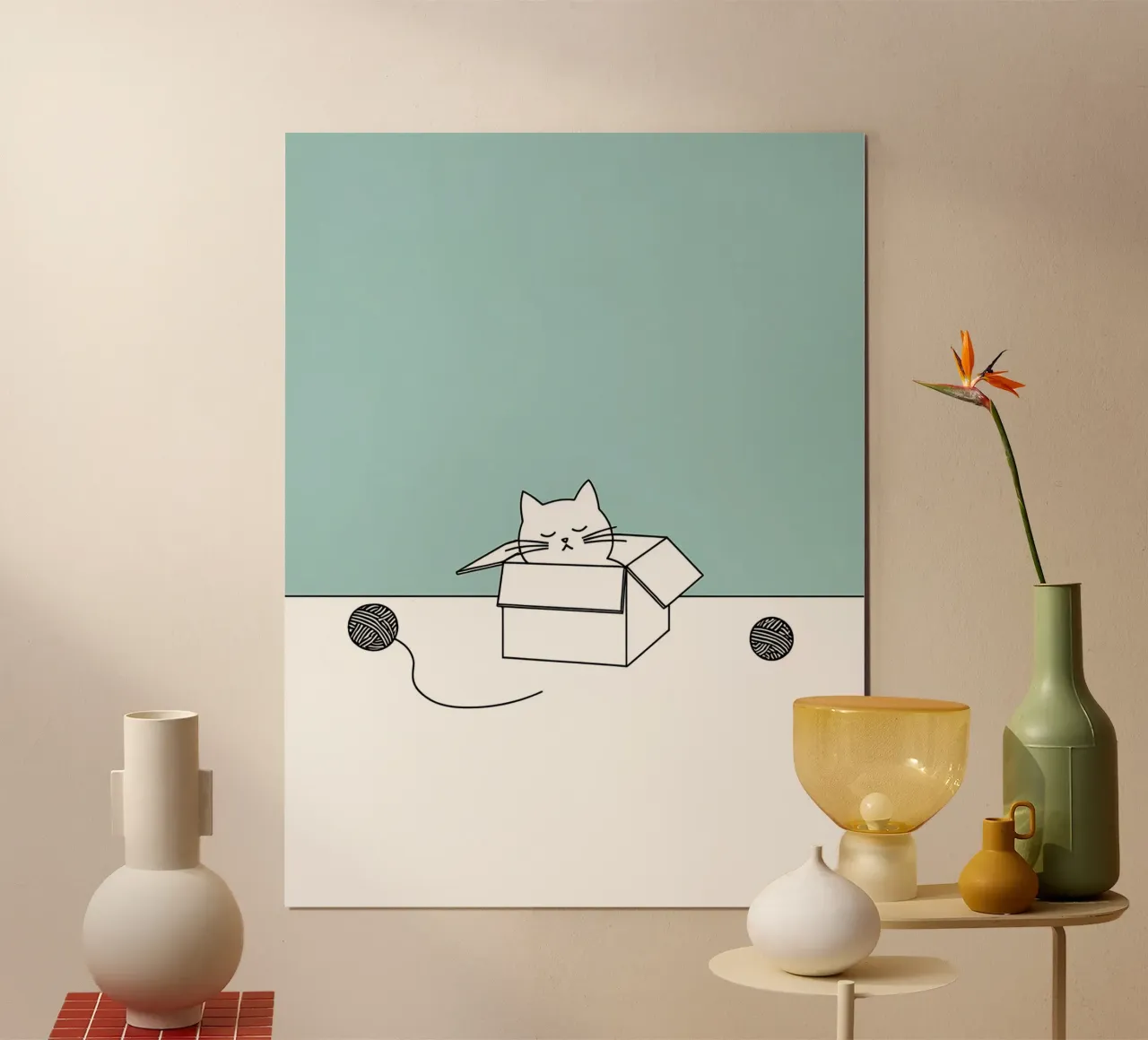 Chat dans une boîte avec des pelotes de laine Dessin minimaliste au trait hahnemühle de Viv Line Art