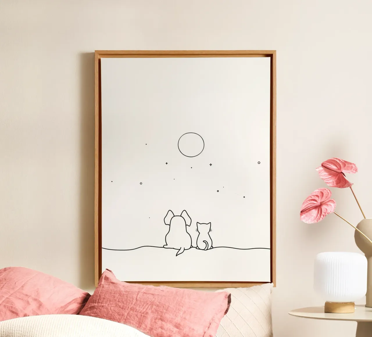Cat and Dog Watching the Moon Minimalist Line Art Drawing canvas with Floater frame by Viv Line Art