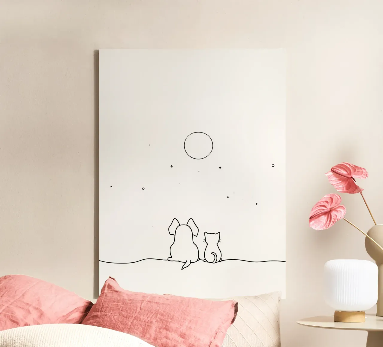 Cat and Dog Watching the Moon Minimalist Line Art Drawing canvas with Floater frame by Viv Line Art