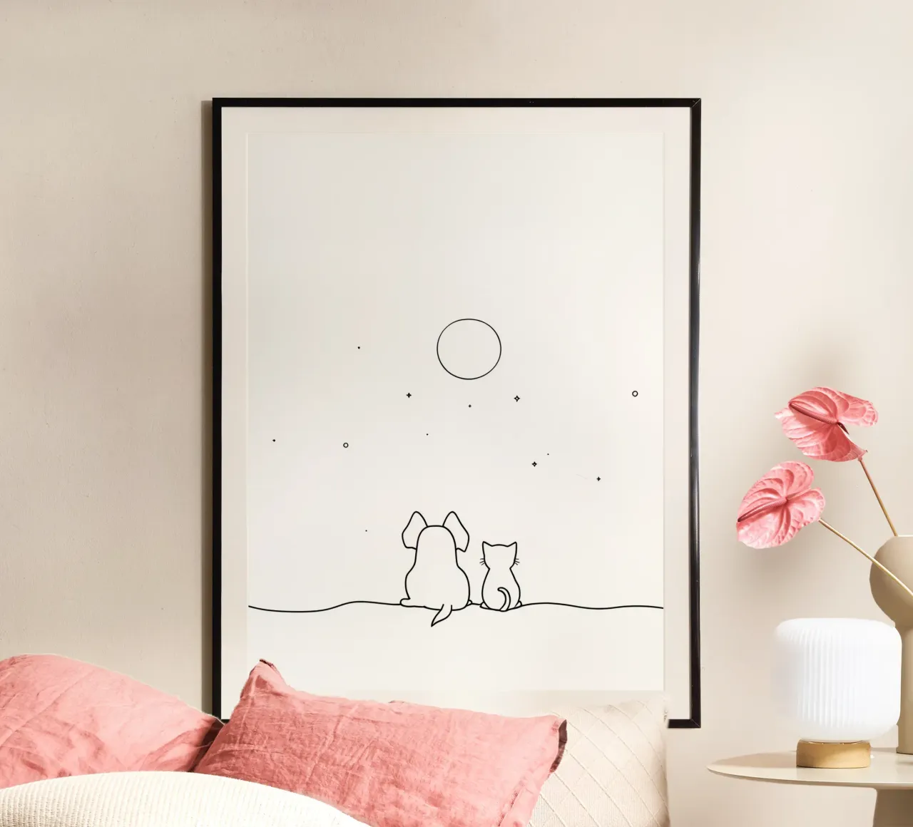 Chat et chien regardant la lune Dessin minimaliste au trait poster de Viv Line Art