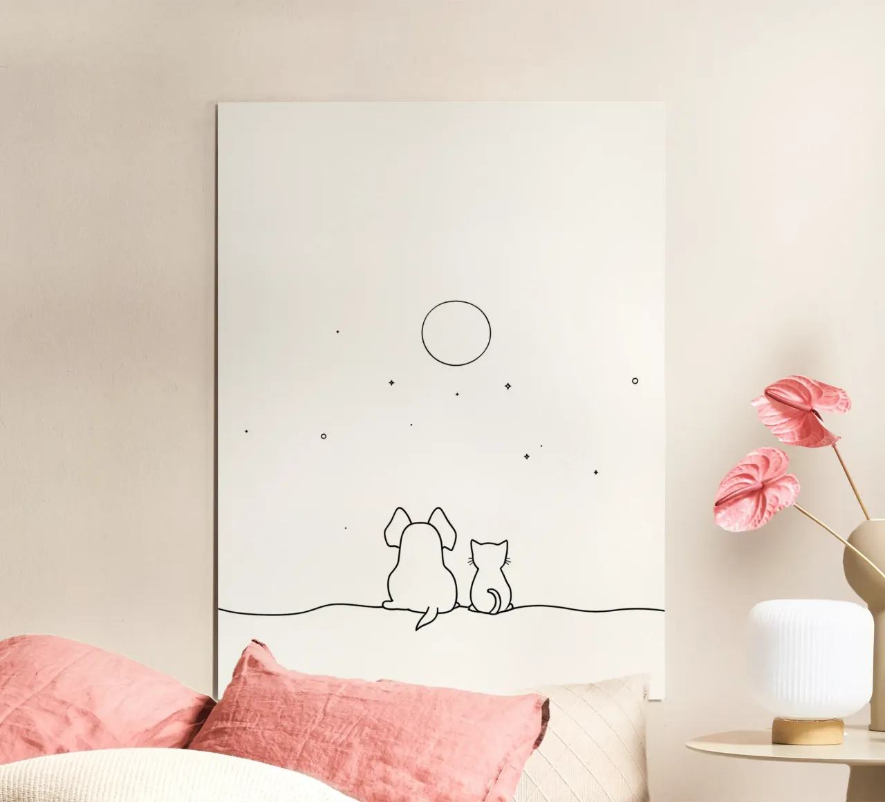 Chat et chien regardant la lune Dessin minimaliste au trait poster de Viv Line Art