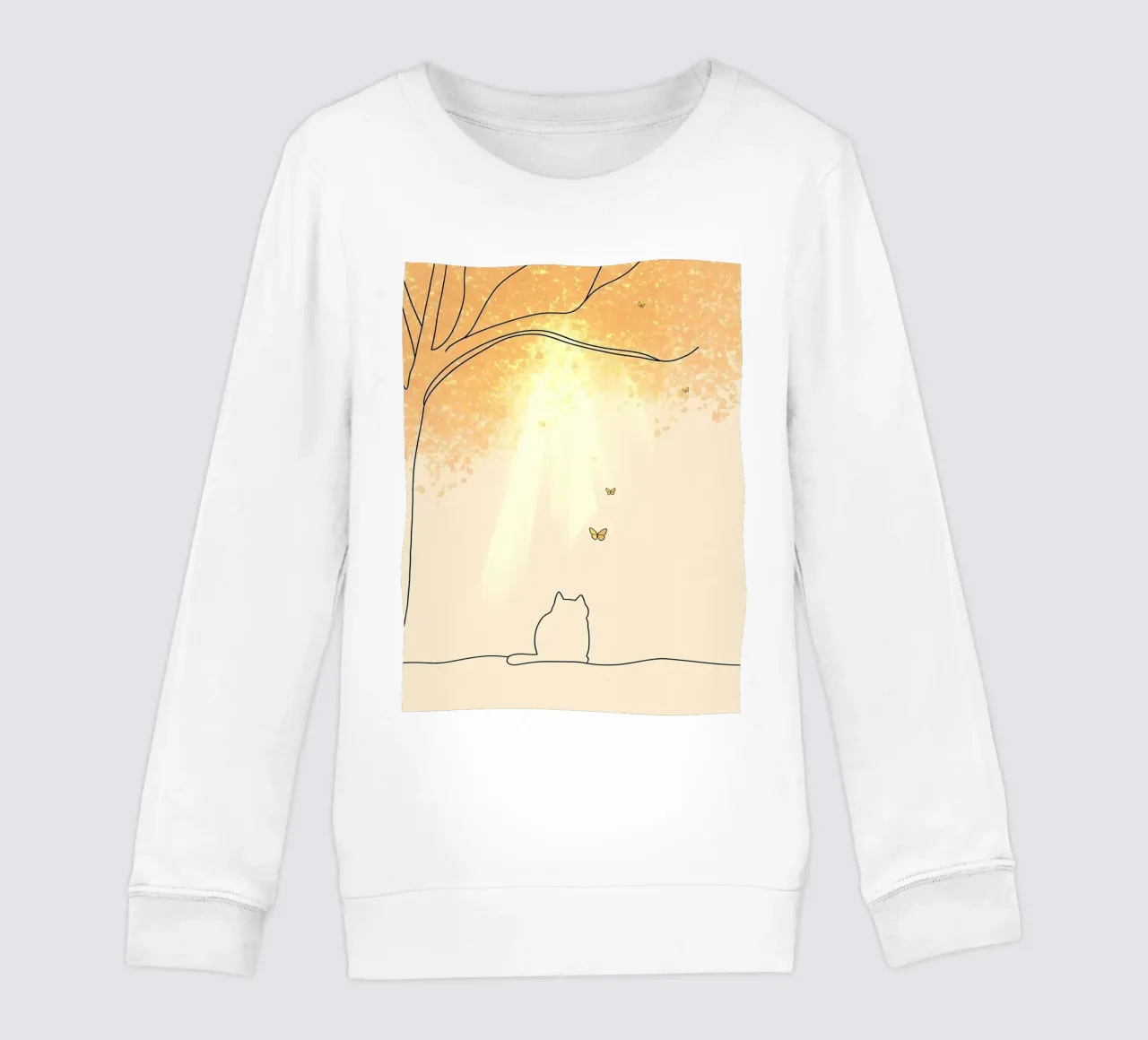 Gatto sotto l'albero con farfalle Disegno lineare minimalista felpa bambino da Viv Line Art