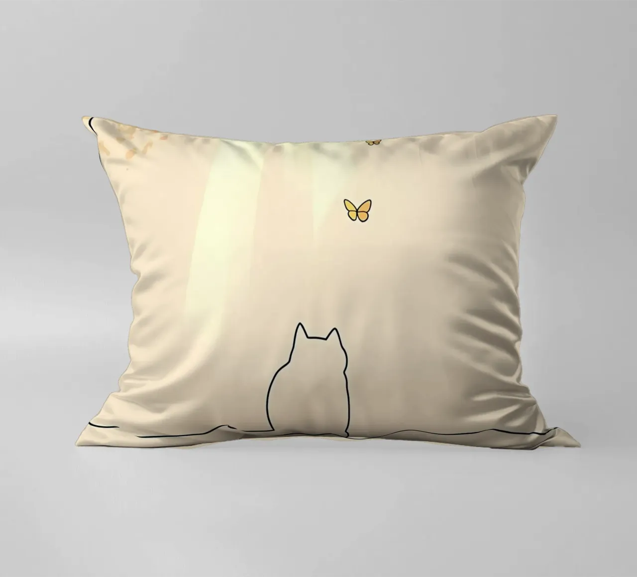 Cat Under Tree with Butterflies Minimalist Line Art Drawing decorative cushion by Viv Line Art