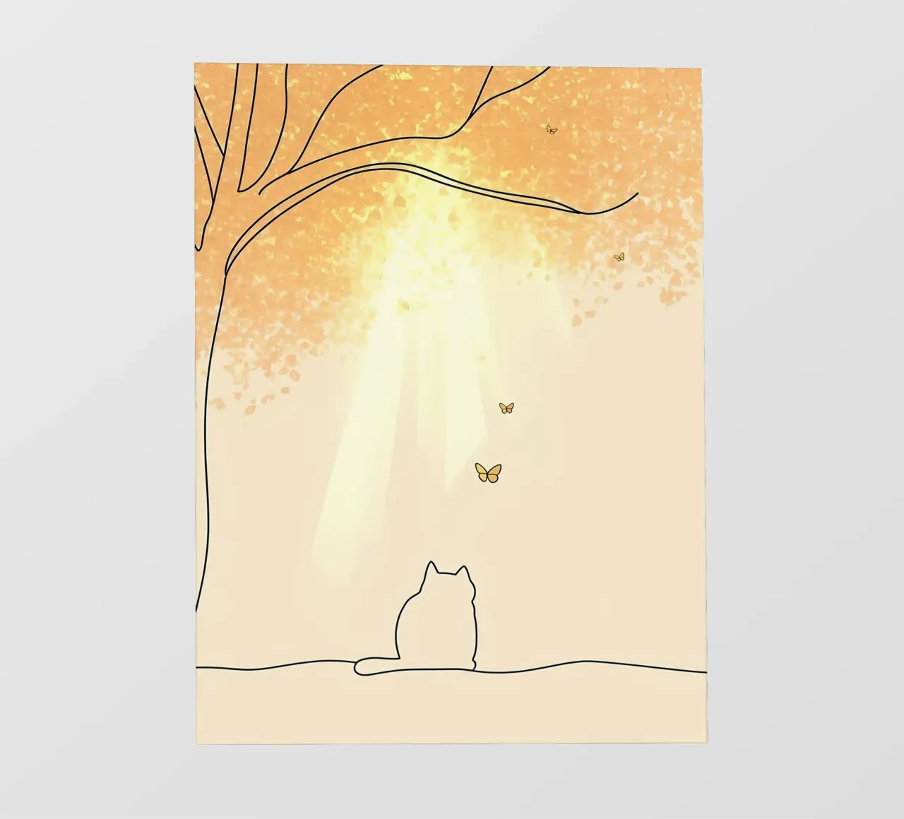 Gatto sotto l'albero con farfalle Disegno lineare minimalista telo in pvc da Viv Line Art