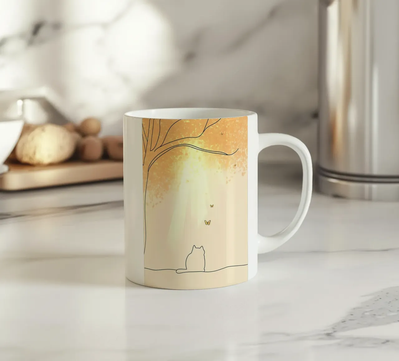 Cat Under Tree with Butterflies Minimalist Line Art Drawing ceramic mug by Viv Line Art