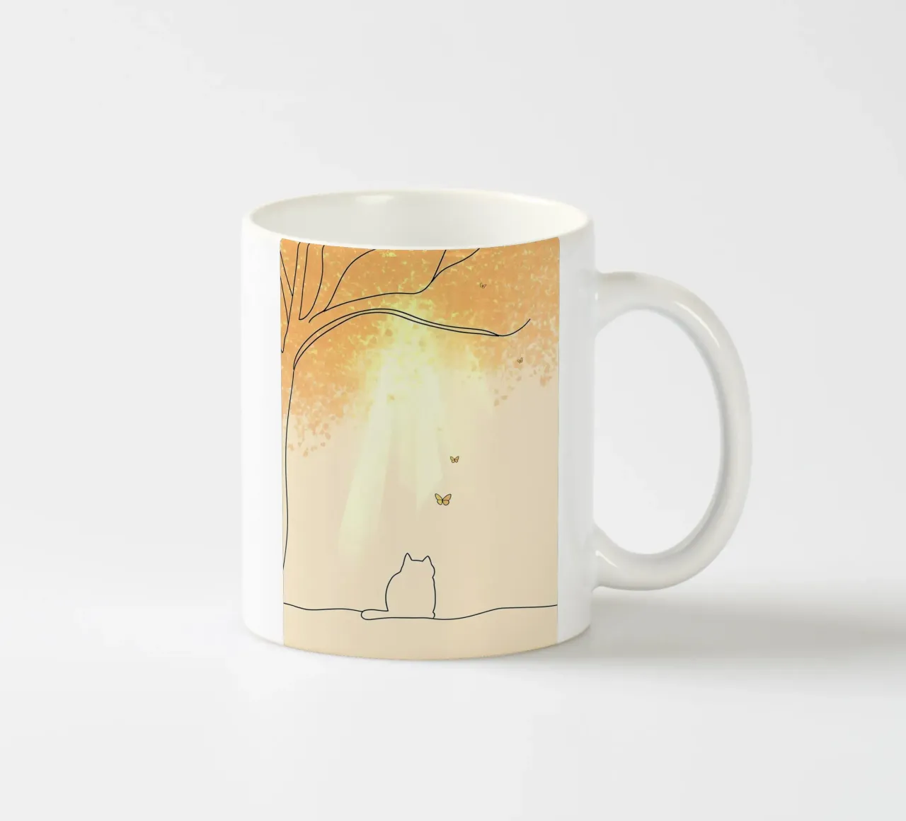 Cat Under Tree with Butterflies Minimalist Line Art Drawing ceramic mug by Viv Line Art