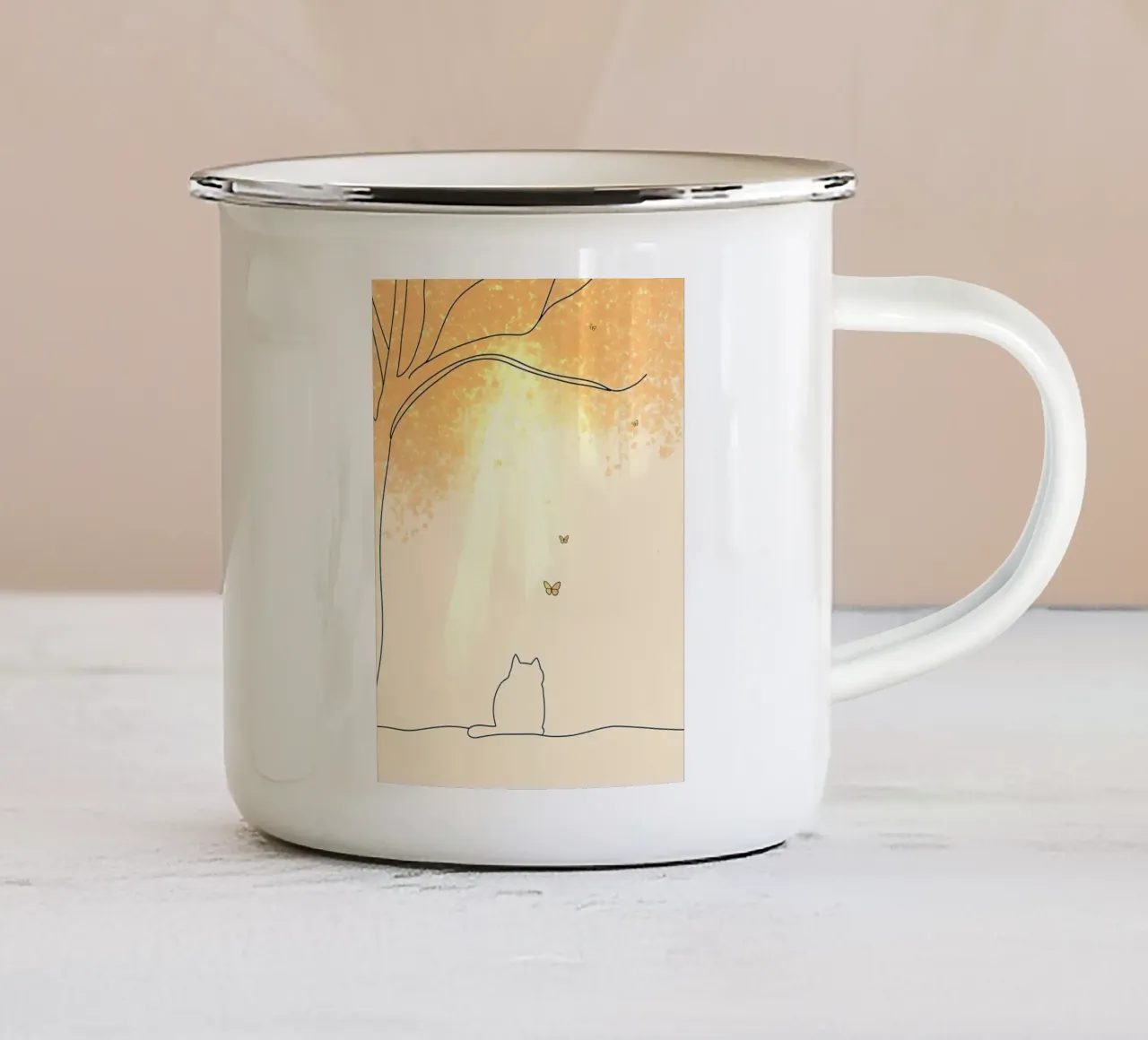 Cat Under Tree with Butterflies Minimalist Line Art Drawing enamel mug by Viv Line Art