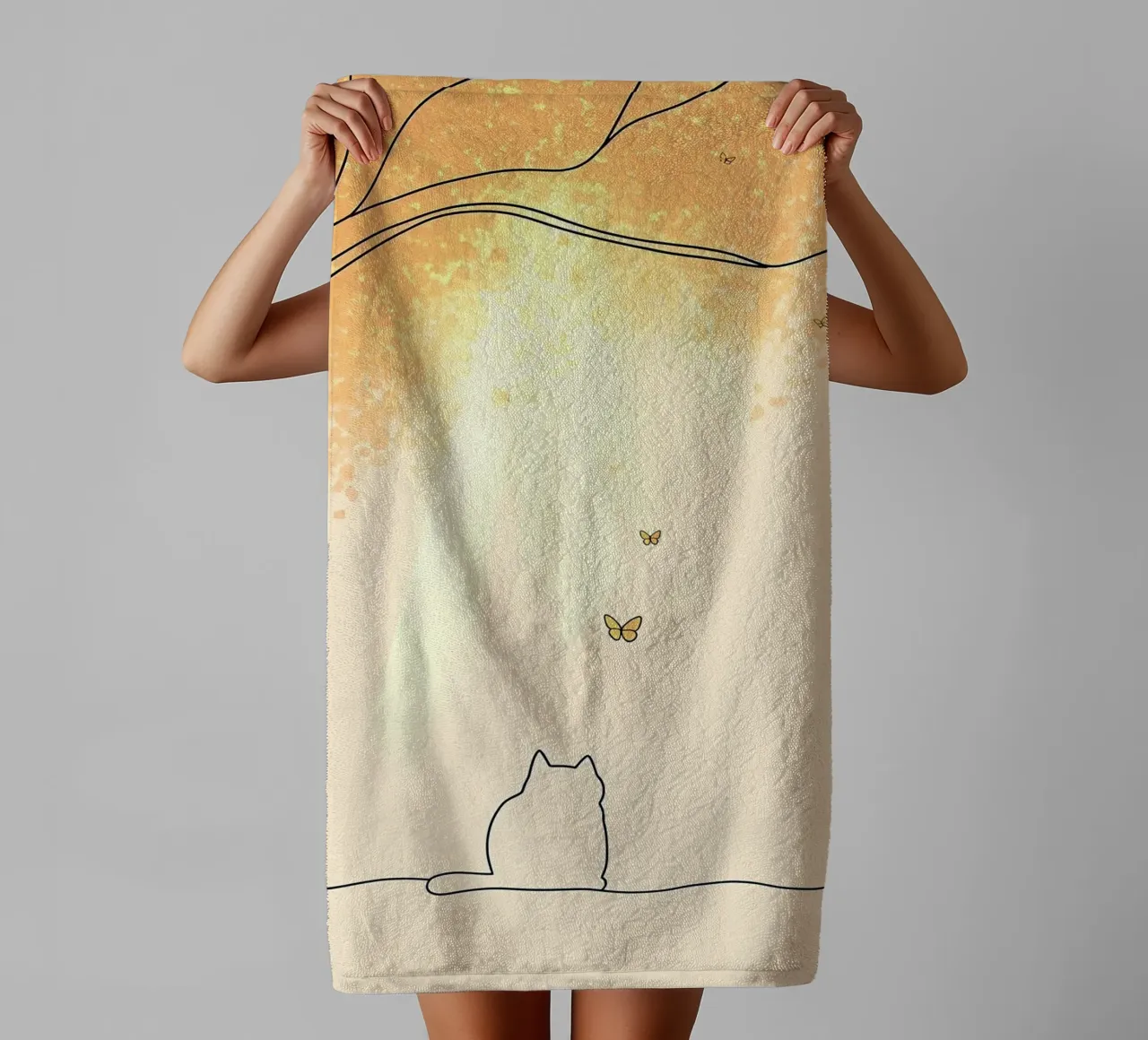 Cat Under Tree with Butterflies Minimalist Line Art Drawing towel by Viv Line Art