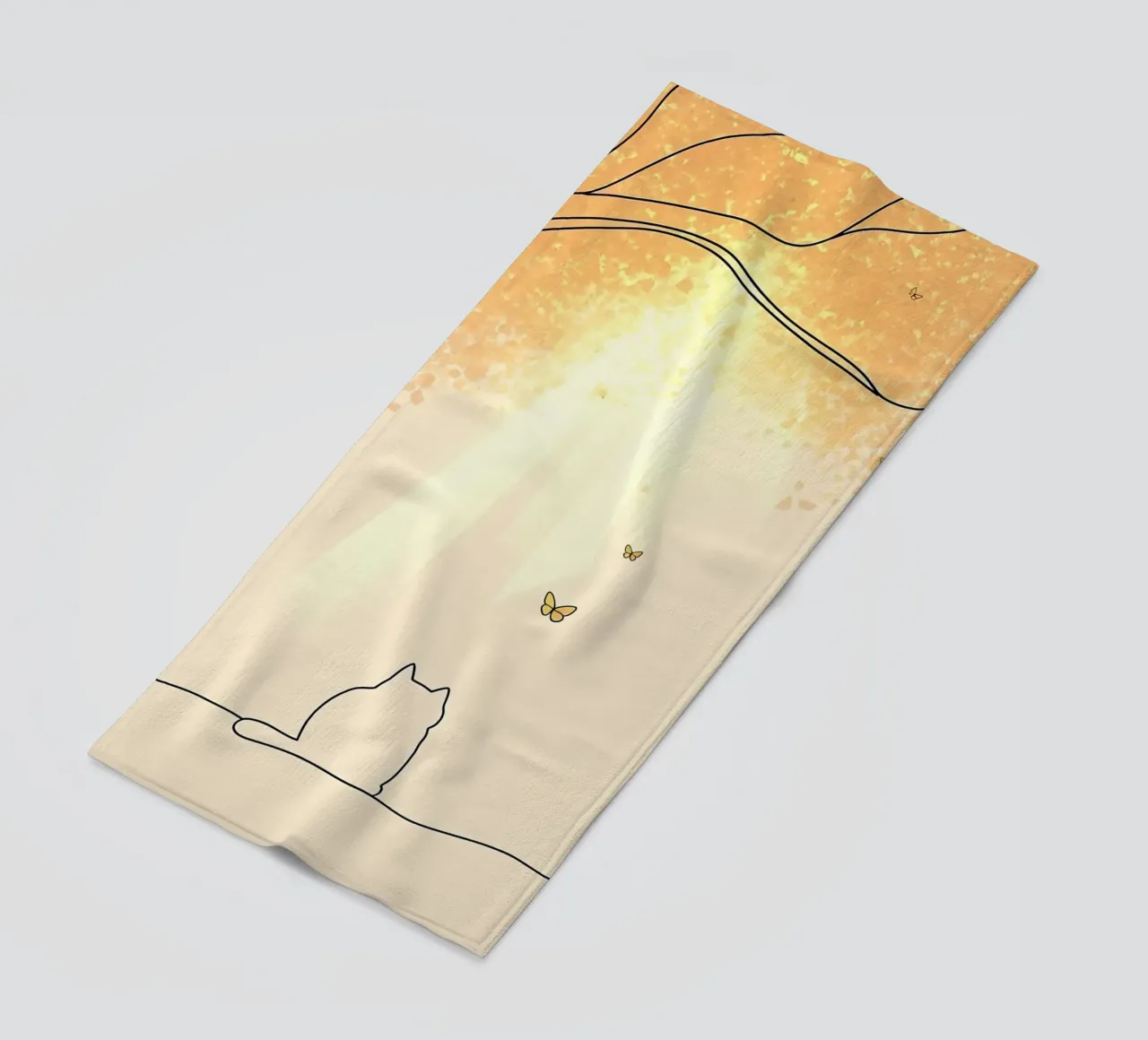 Cat Under Tree with Butterflies Minimalist Line Art Drawing beach towel by Viv Line Art