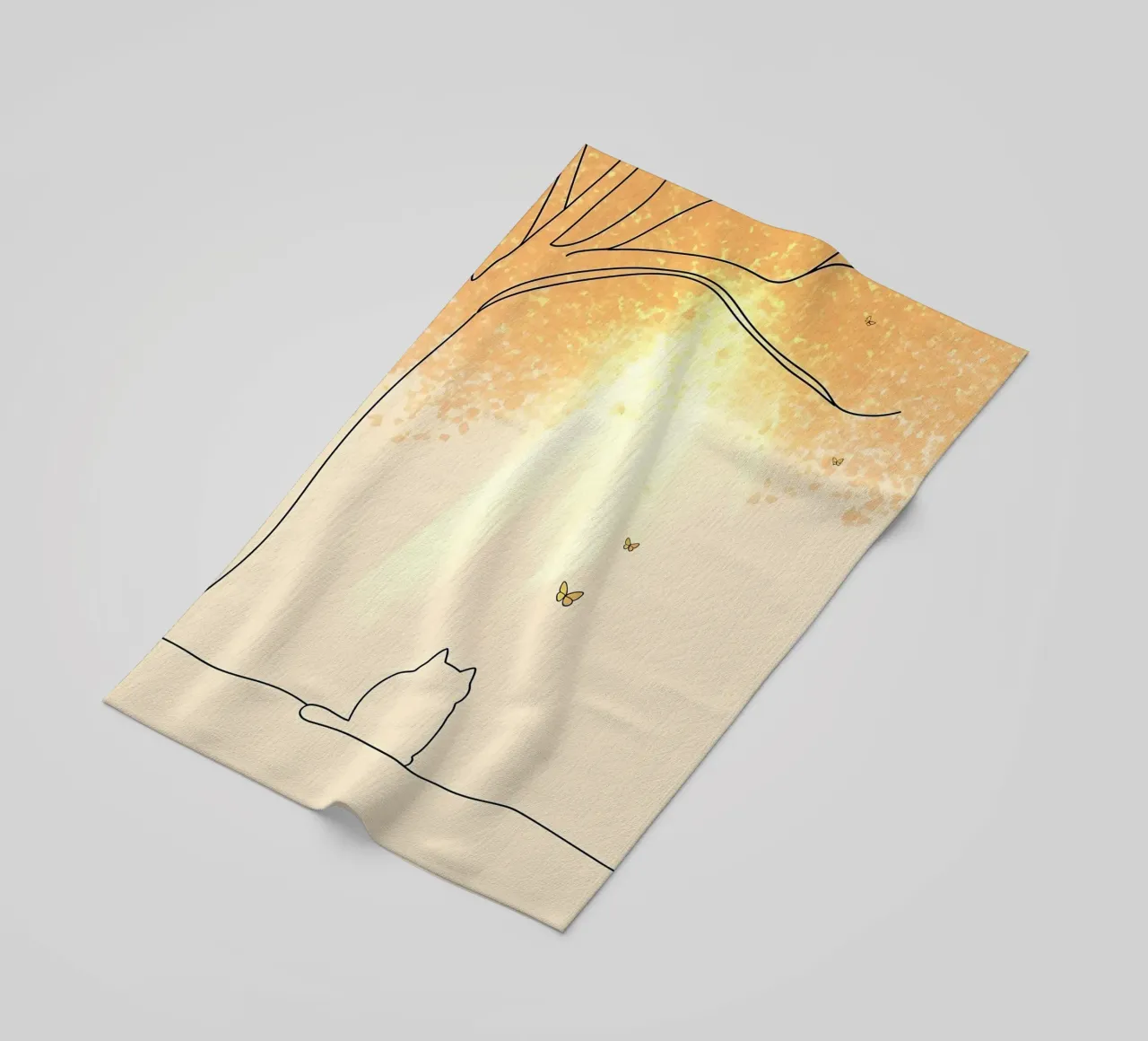 Cat Under Tree with Butterflies Minimalist Line Art Drawing beach towel by Viv Line Art