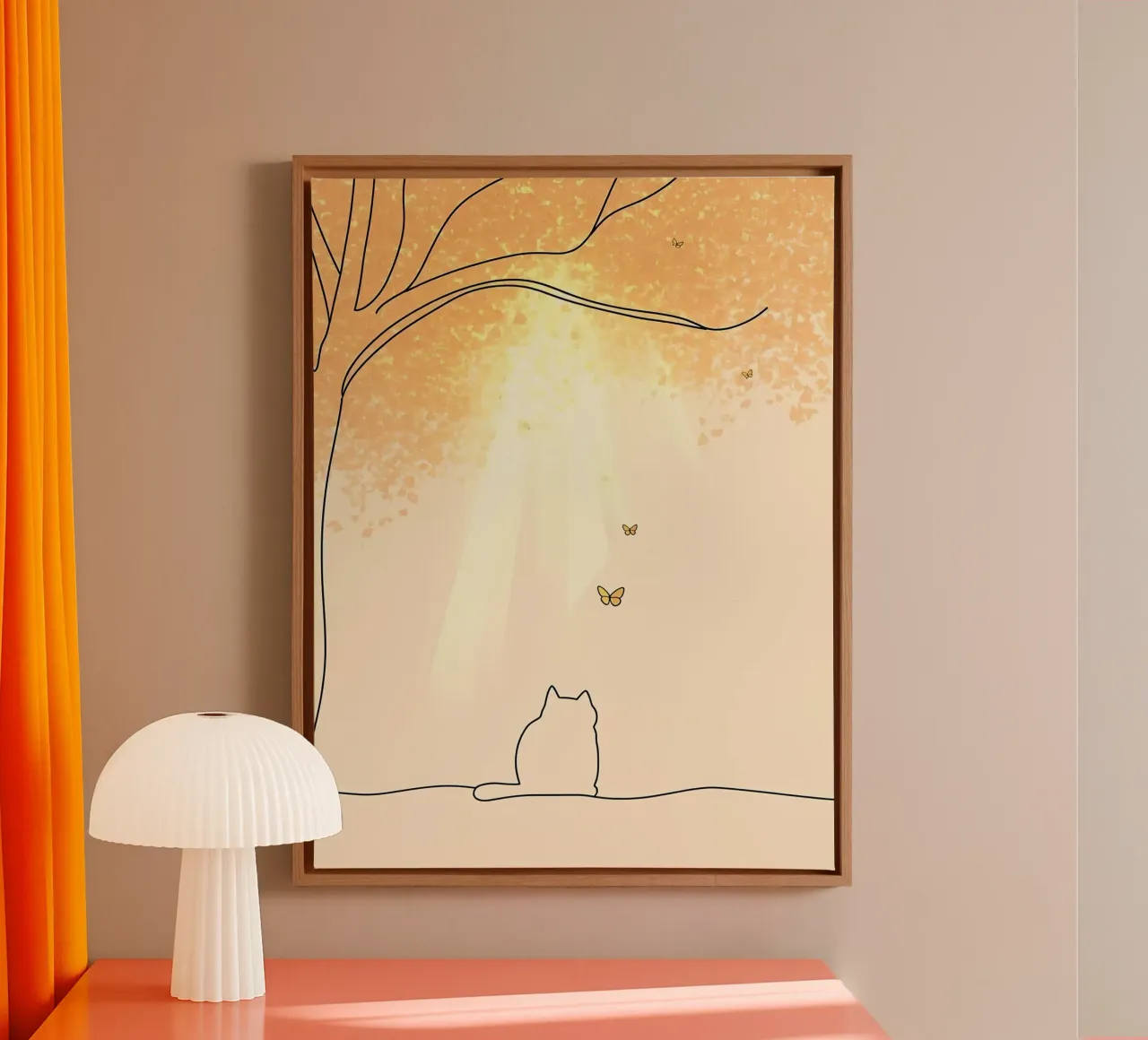 Cat Under Tree with Butterflies Minimalist Line Art Drawing canvas by Viv Line Art
