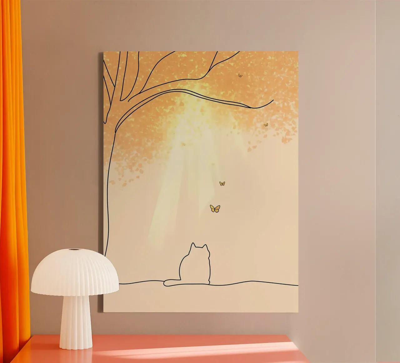 Cat Under Tree with Butterflies Minimalist Line Art Drawing canvas by Viv Line Art
