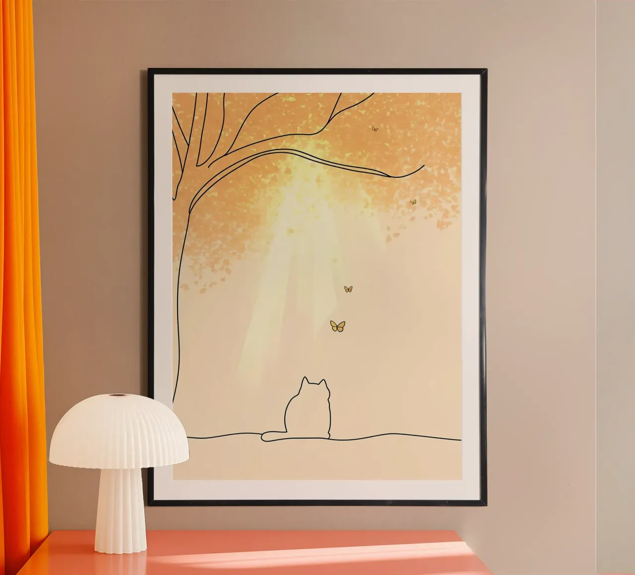 Cat Under Tree with Butterflies Minimalist Line Art Drawing hahnemühle by Viv Line Art