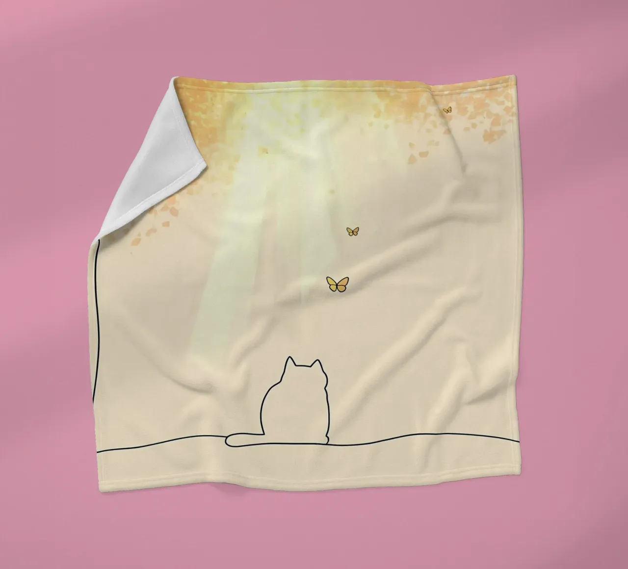 Cat Under Tree with Butterflies Minimalist Line Art Drawing fleece blanket by Viv Line Art