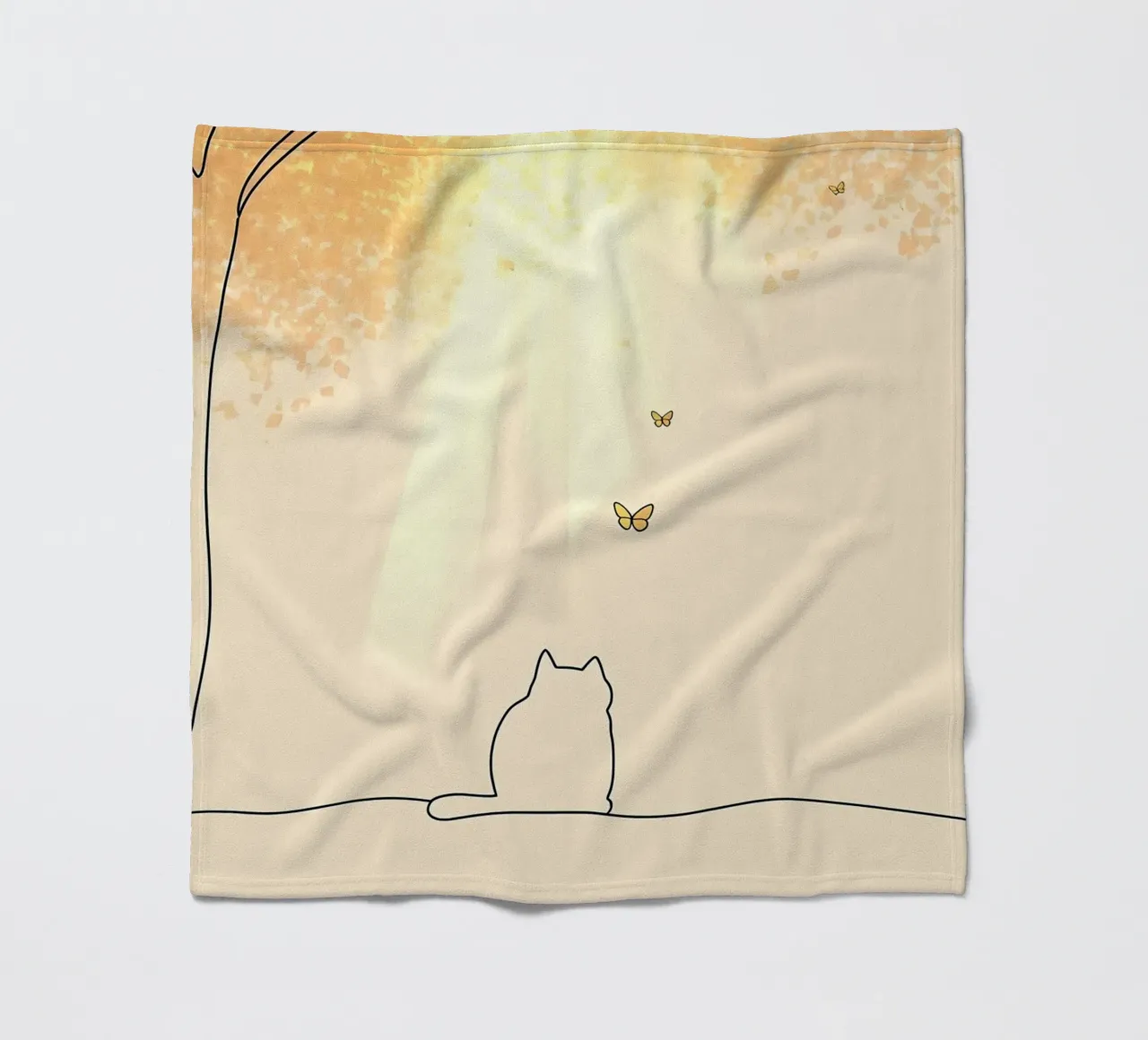 Cat Under Tree with Butterflies Minimalist Line Art Drawing fleece blanket by Viv Line Art