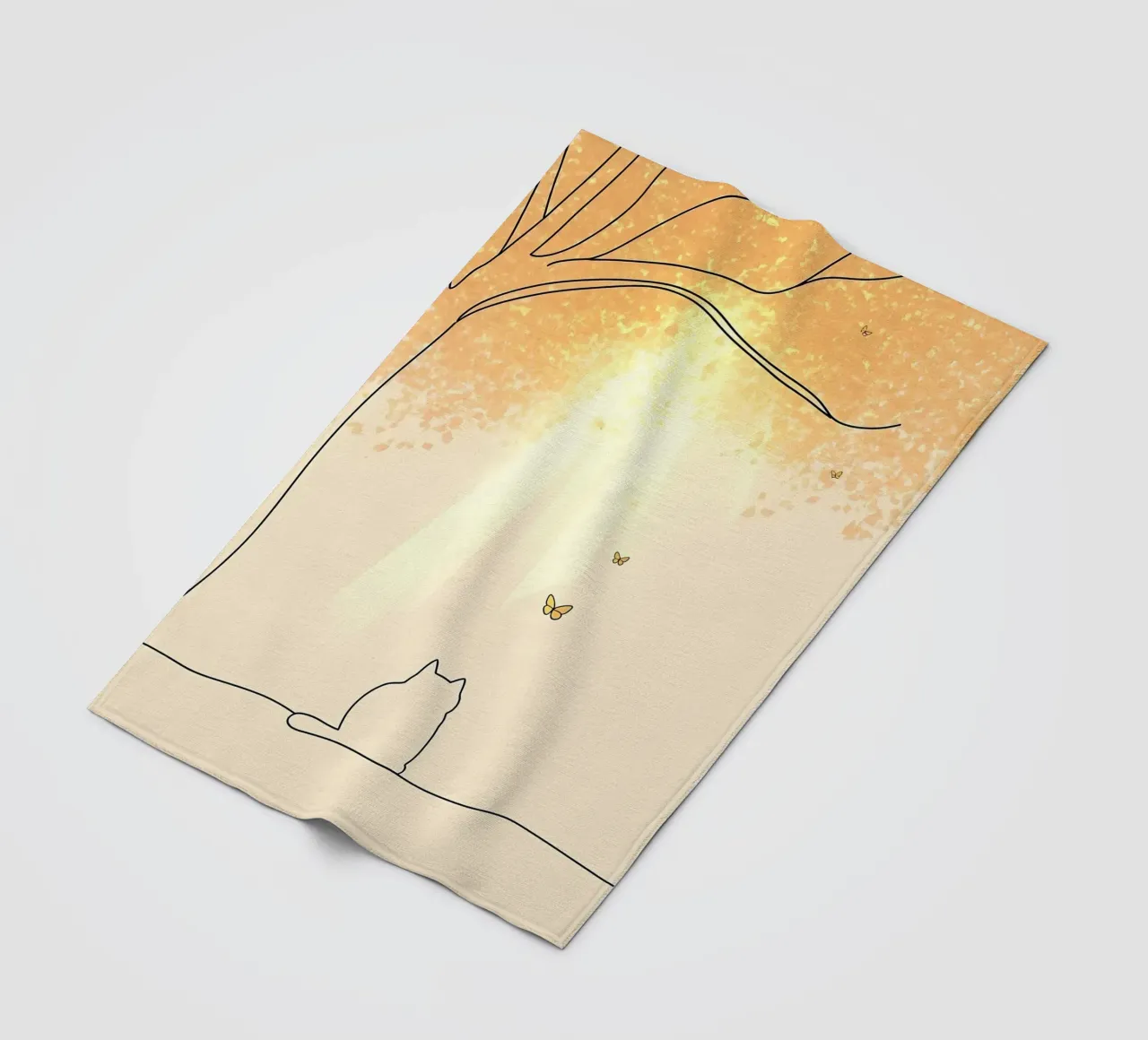Cat Under Tree with Butterflies Minimalist Line Art Drawing fleece blanket by Viv Line Art