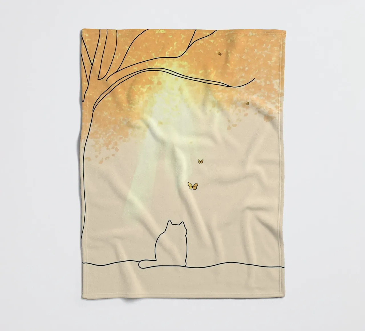 Cat Under Tree with Butterflies Minimalist Line Art Drawing fleece blanket by Viv Line Art