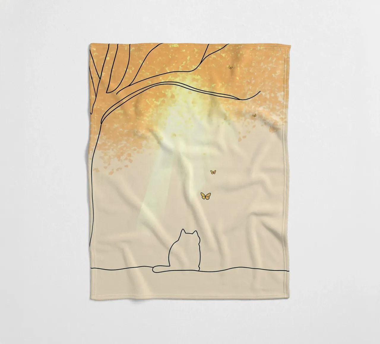 Cat Under Tree with Butterflies Minimalist Line Art Drawing fleece blanket by Viv Line Art