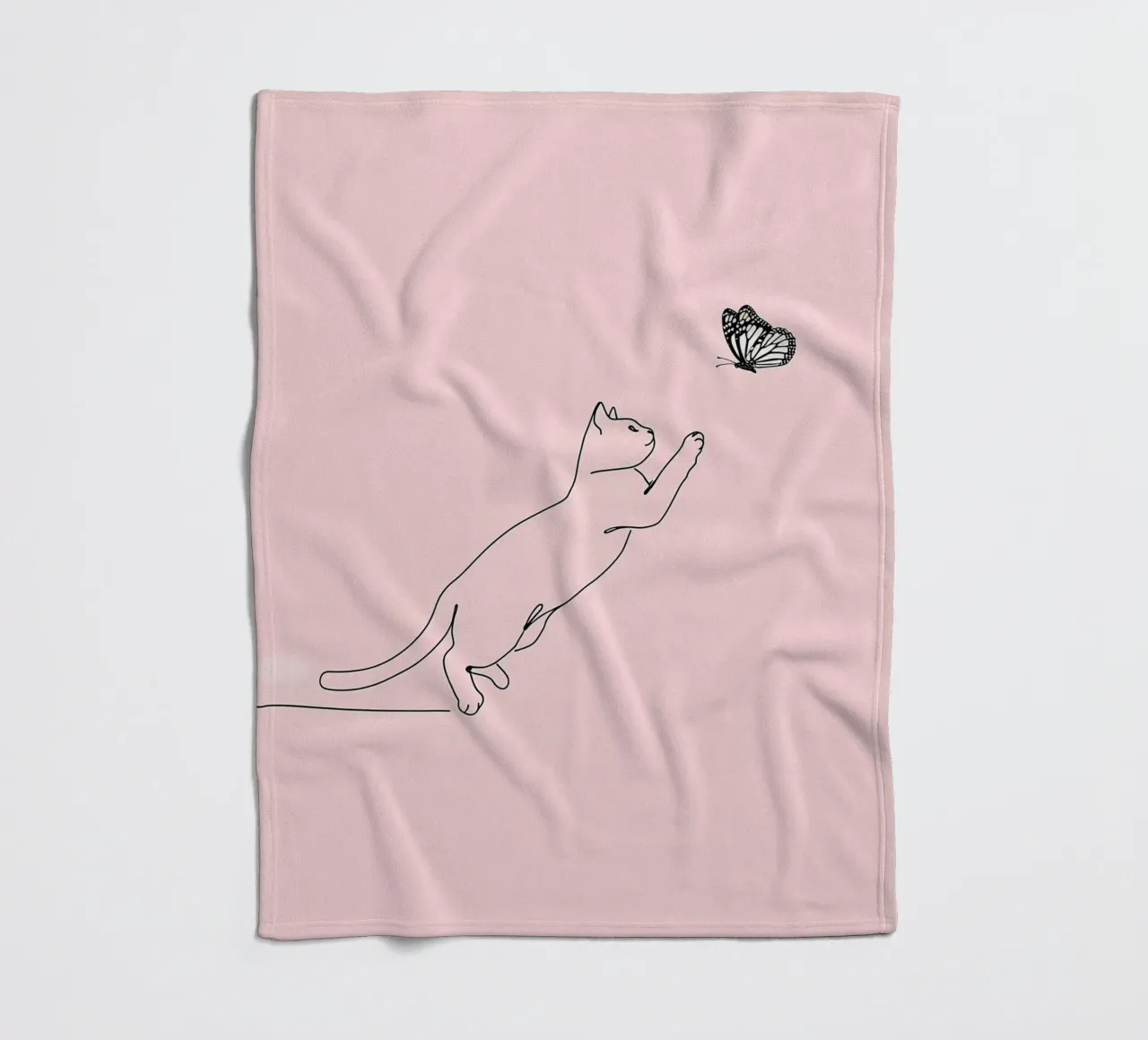 Cat Playing with Butterfly Minimalist Line Art Drawing fleece blanket by Viv Line Art