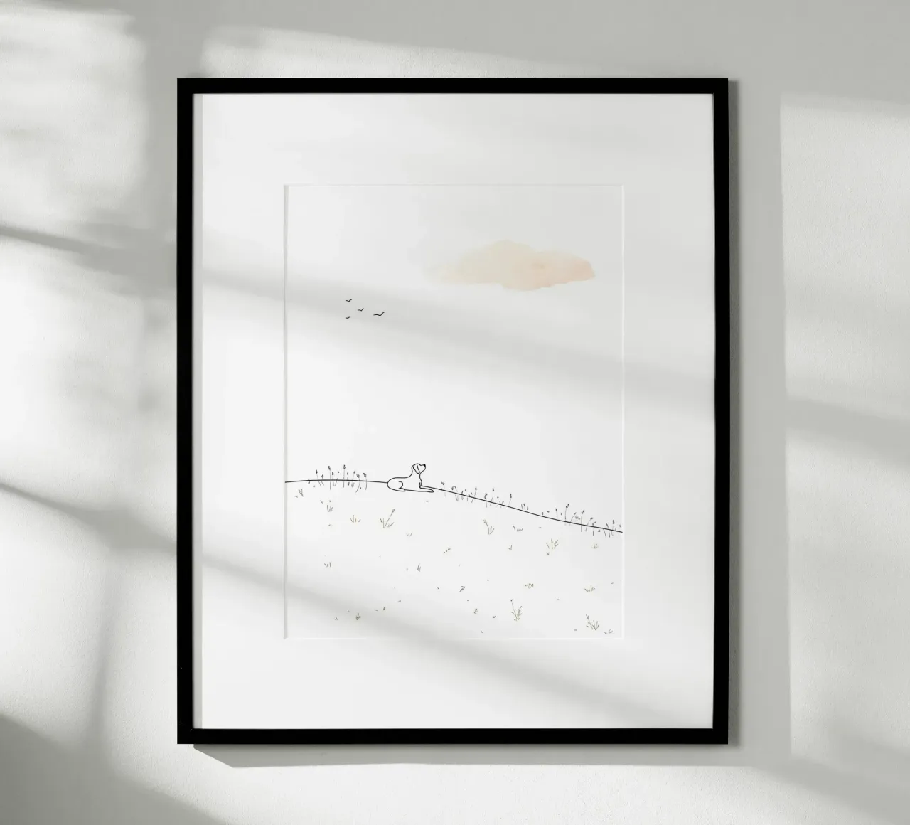 Chien assis sur la colline Dessin au trait minimaliste poster avec cadre en bois de Viv Line Art