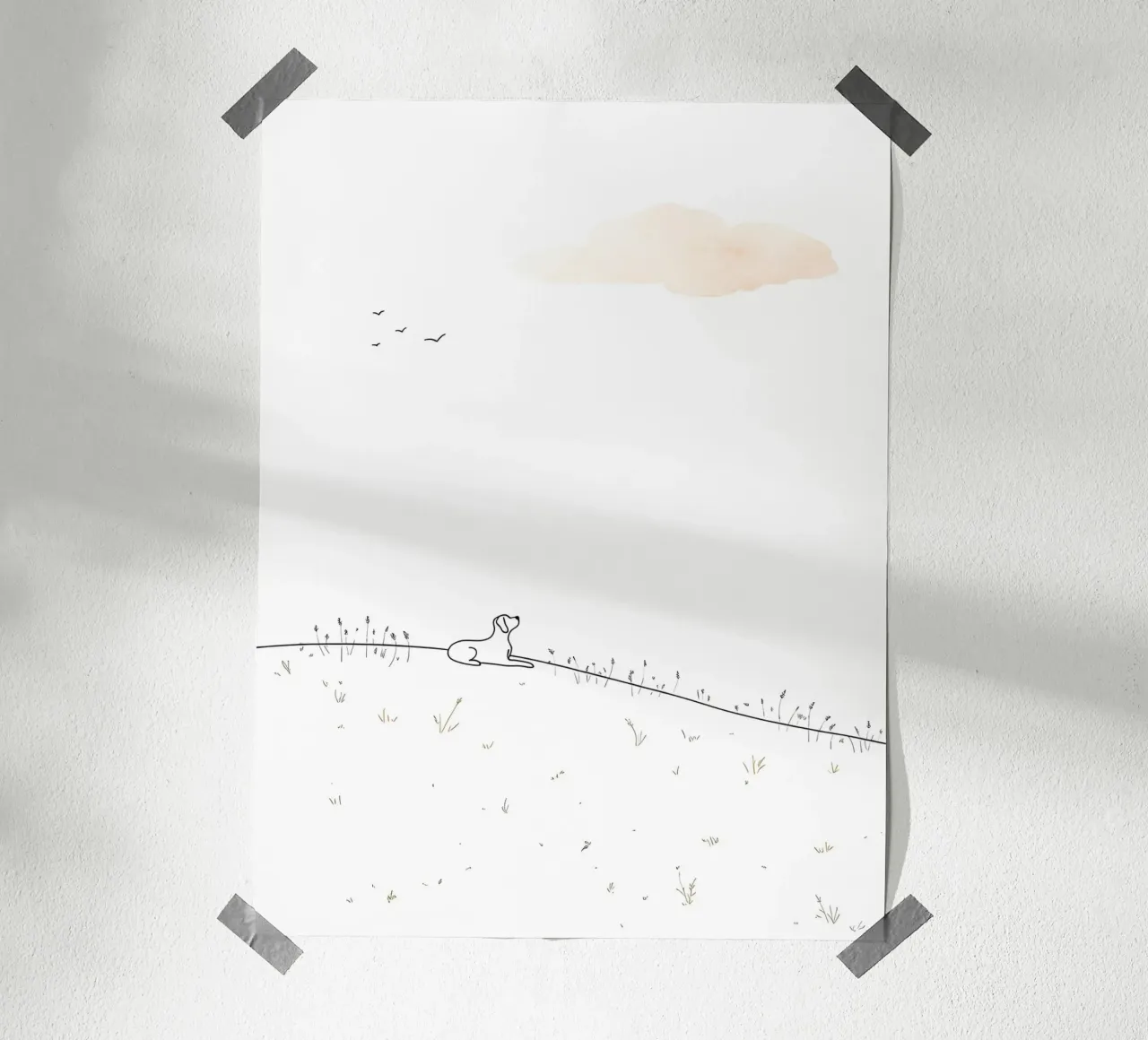 Chien assis sur la colline Dessin au trait minimaliste poster avec cadre en bois de Viv Line Art