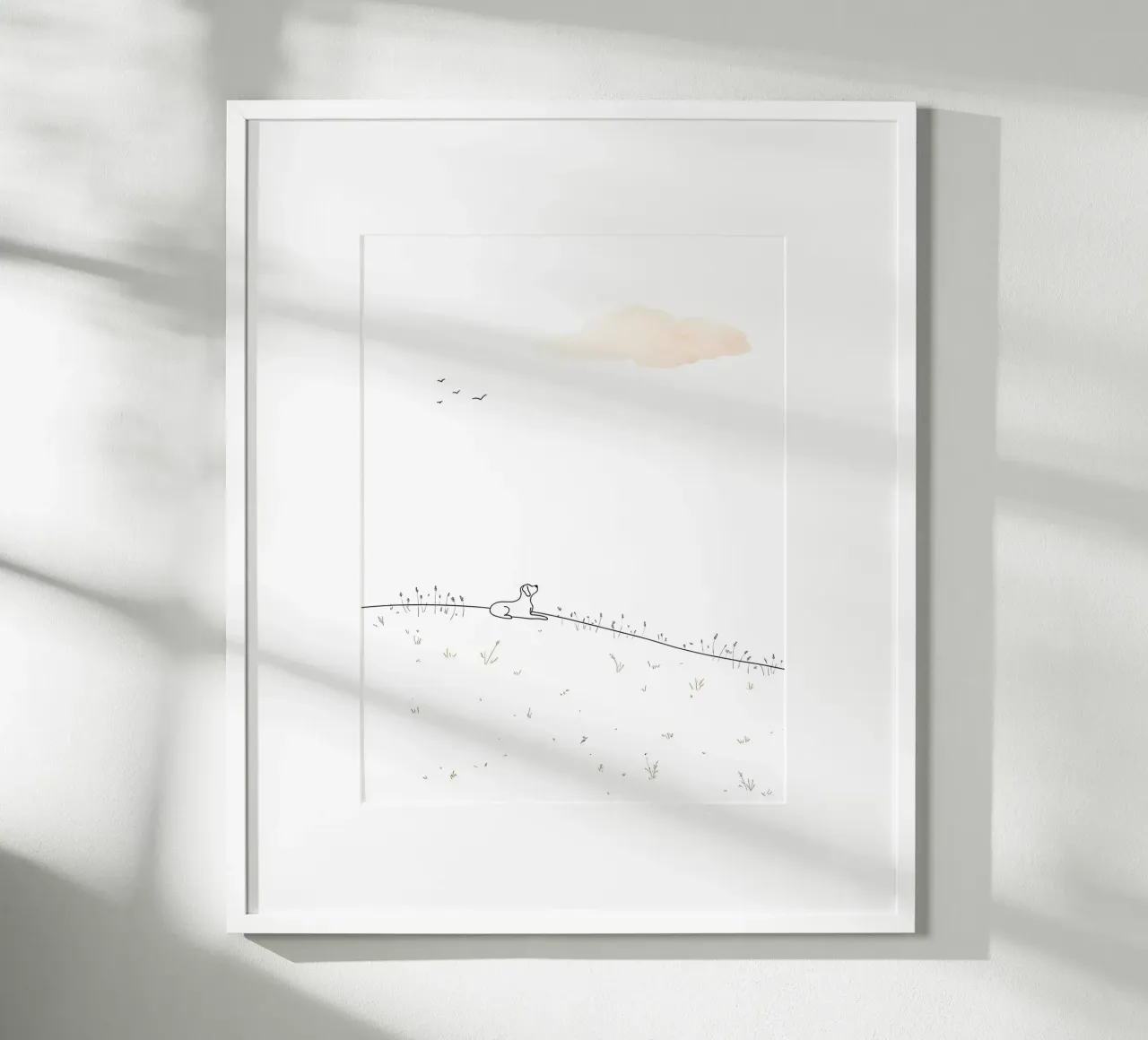 Chien assis sur la colline Dessin au trait minimaliste poster avec cadre en bois de Viv Line Art