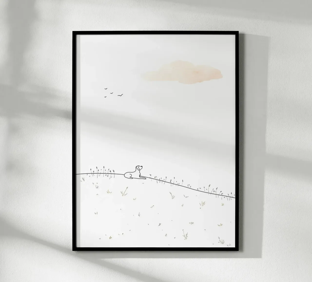 Chien assis sur la colline Dessin au trait minimaliste poster avec cadre en bois de Viv Line Art