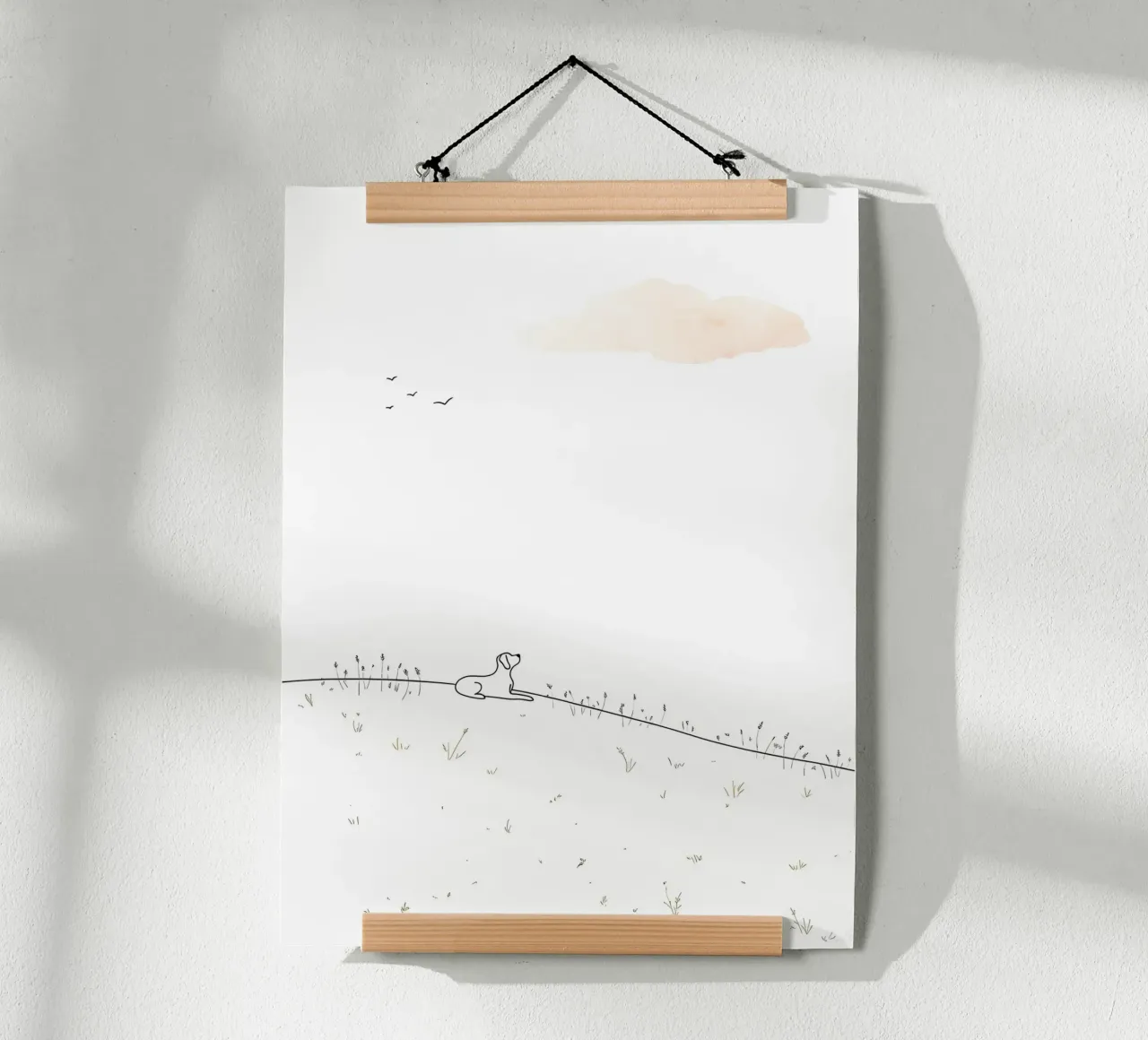 Chien assis sur la colline Dessin au trait minimaliste poster avec cadre en bois de Viv Line Art