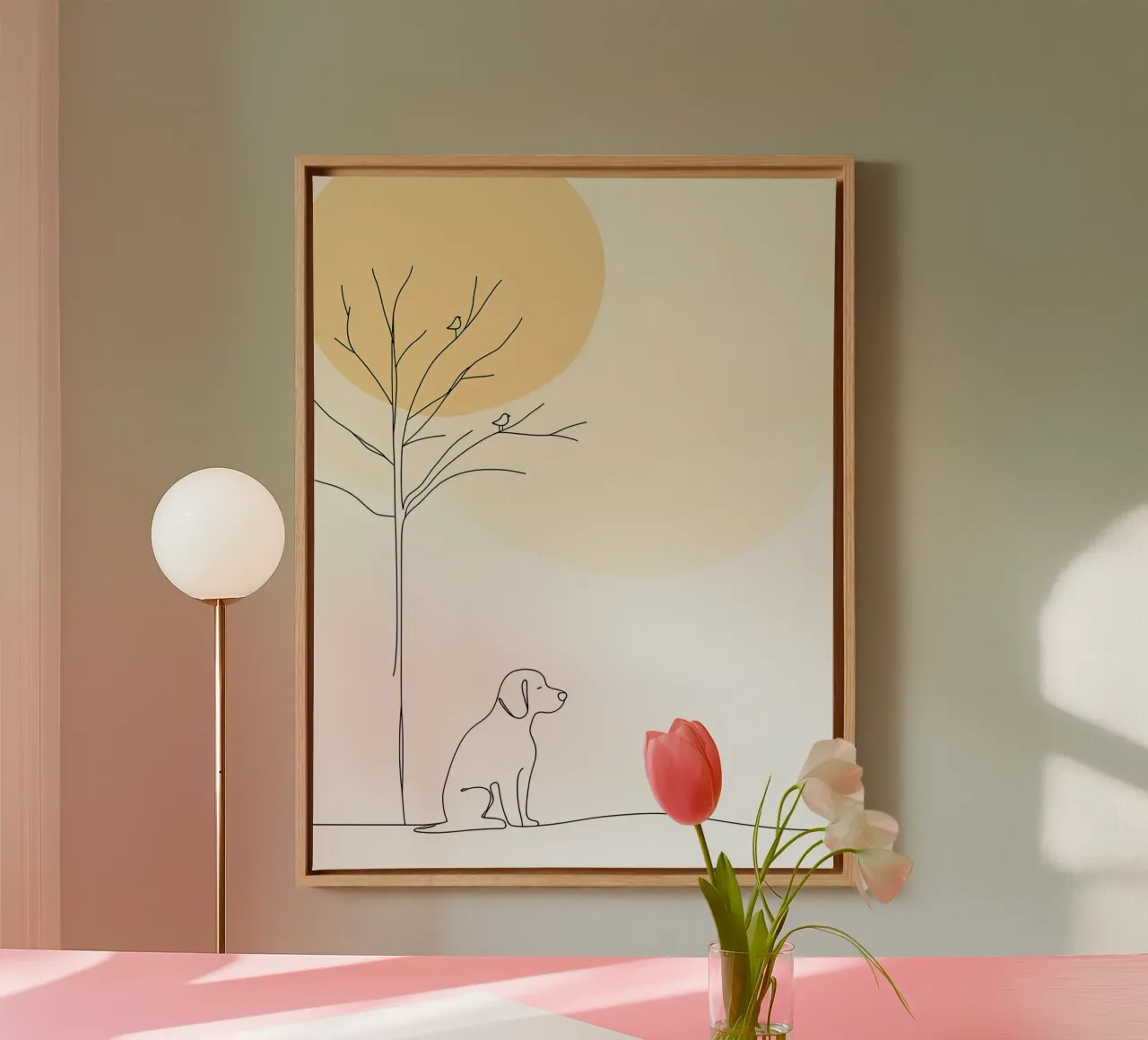 Dog Under Tree Minimalist Line Art Drawing canvas with Floater frame by Viv Line Art