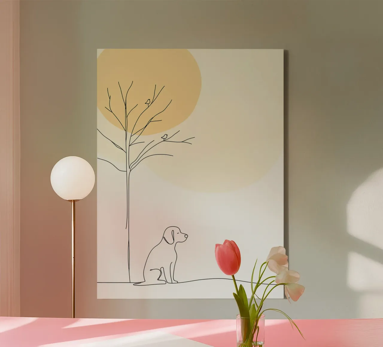 Dog Under Tree Minimalist Line Art Drawing canvas with Floater frame by Viv Line Art