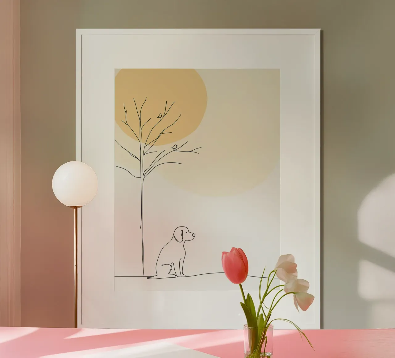 Chien sous un arbre Dessin au trait minimaliste poster avec cadre en bois de Viv Line Art