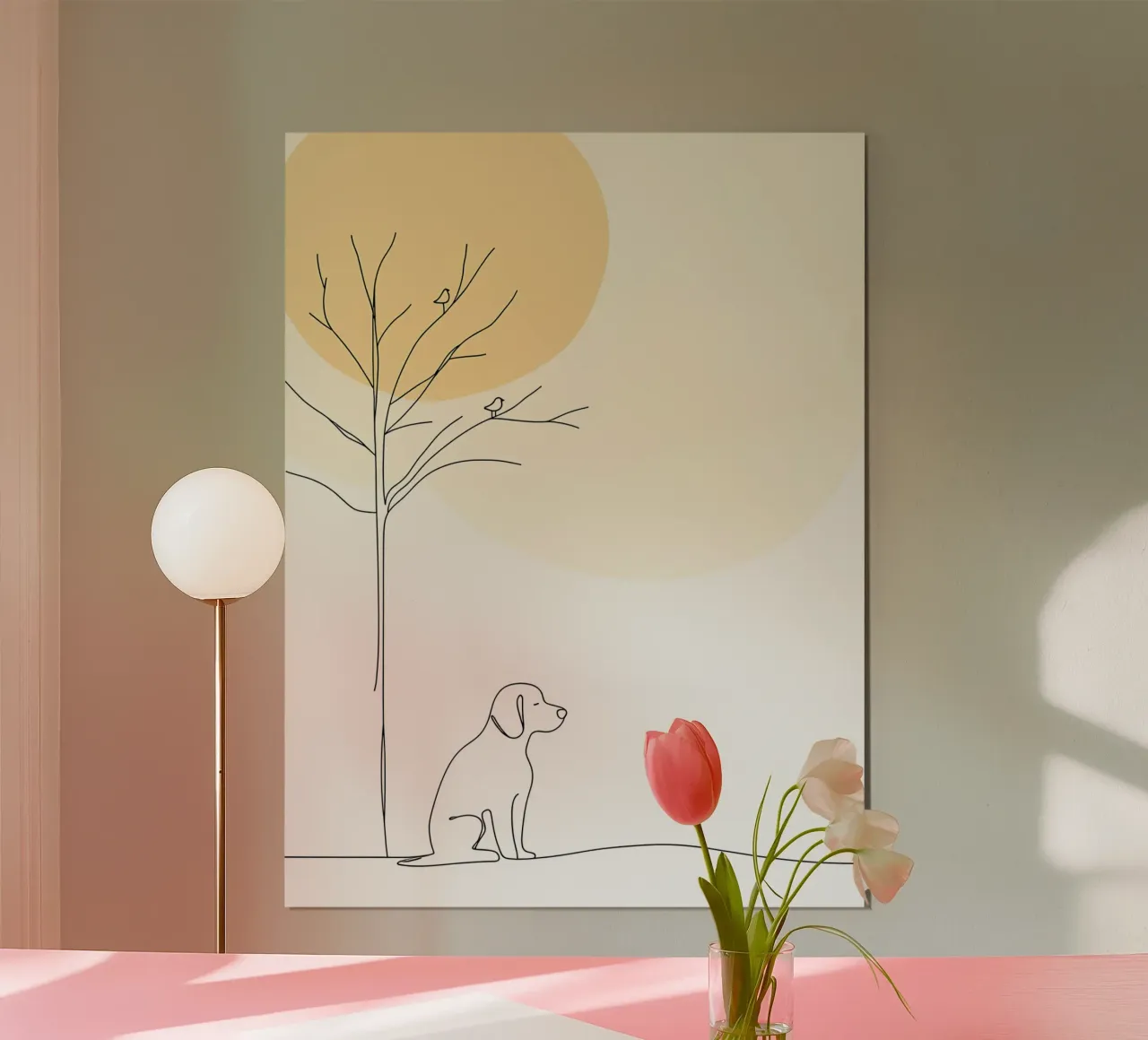Chien sous un arbre Dessin au trait minimaliste poster avec cadre en bois de Viv Line Art