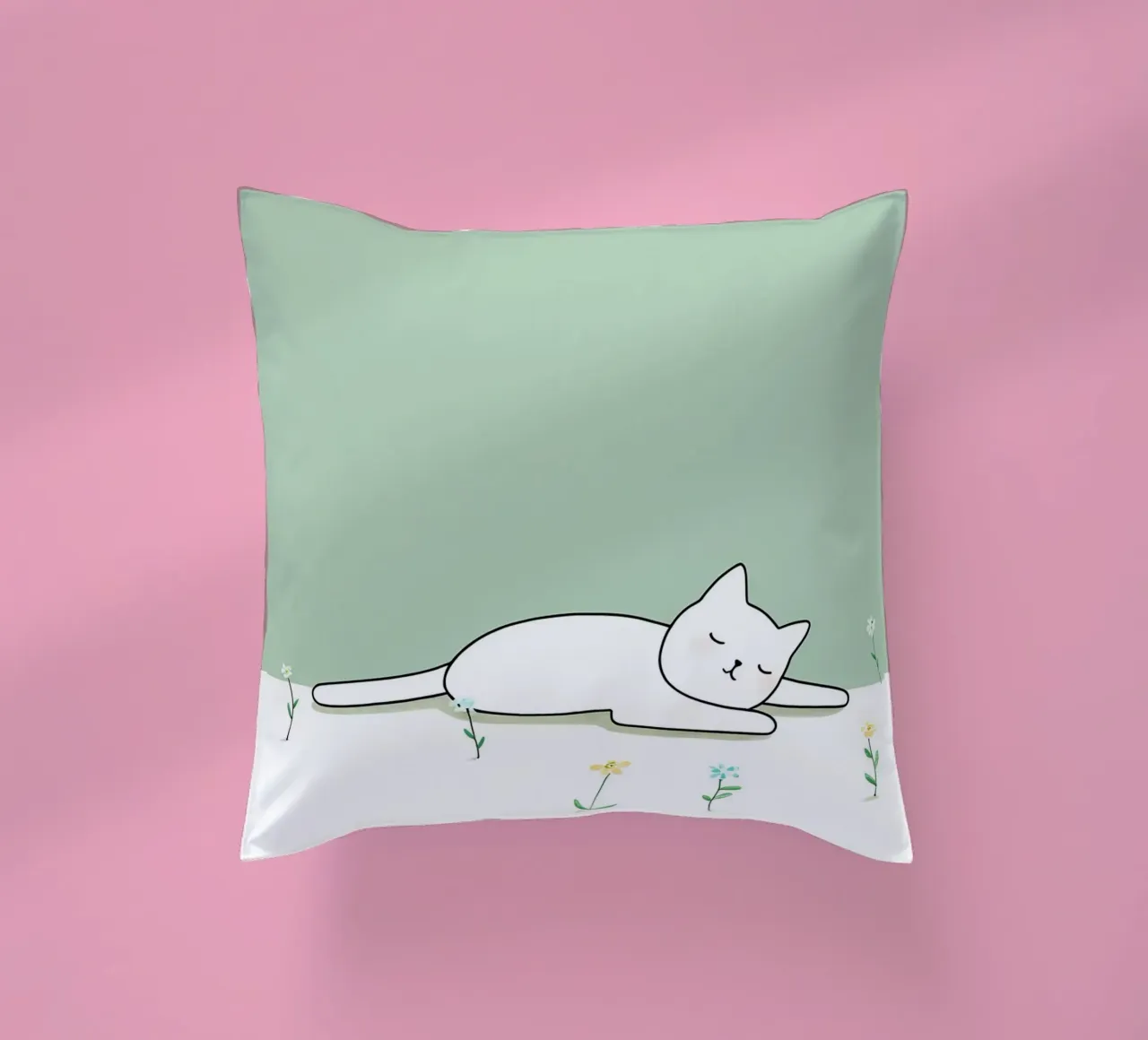 Cat Sleeping with Flowers Minimalist Line Art Drawing decorative cushion by Viv Line Art