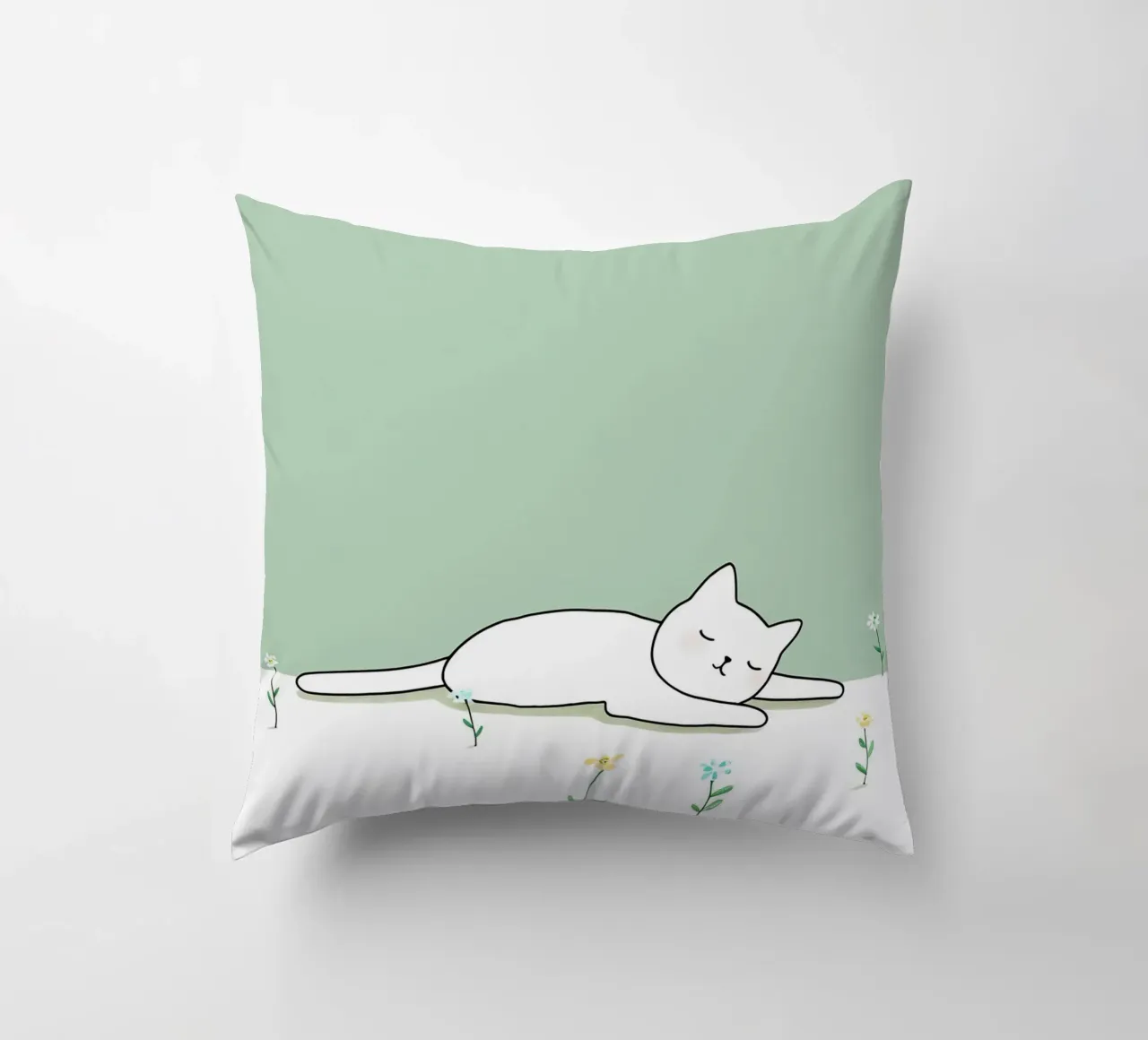 Cat Sleeping with Flowers Minimalist Line Art Drawing decorative cushion by Viv Line Art