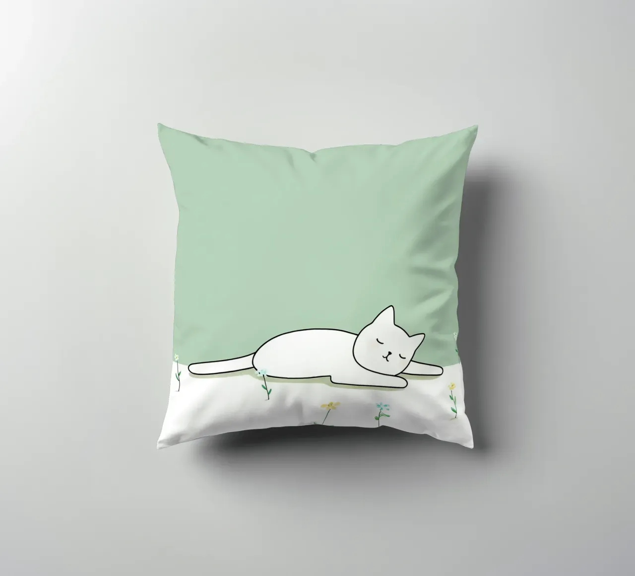 Cat Sleeping with Flowers Minimalist Line Art Drawing decorative cushion by Viv Line Art