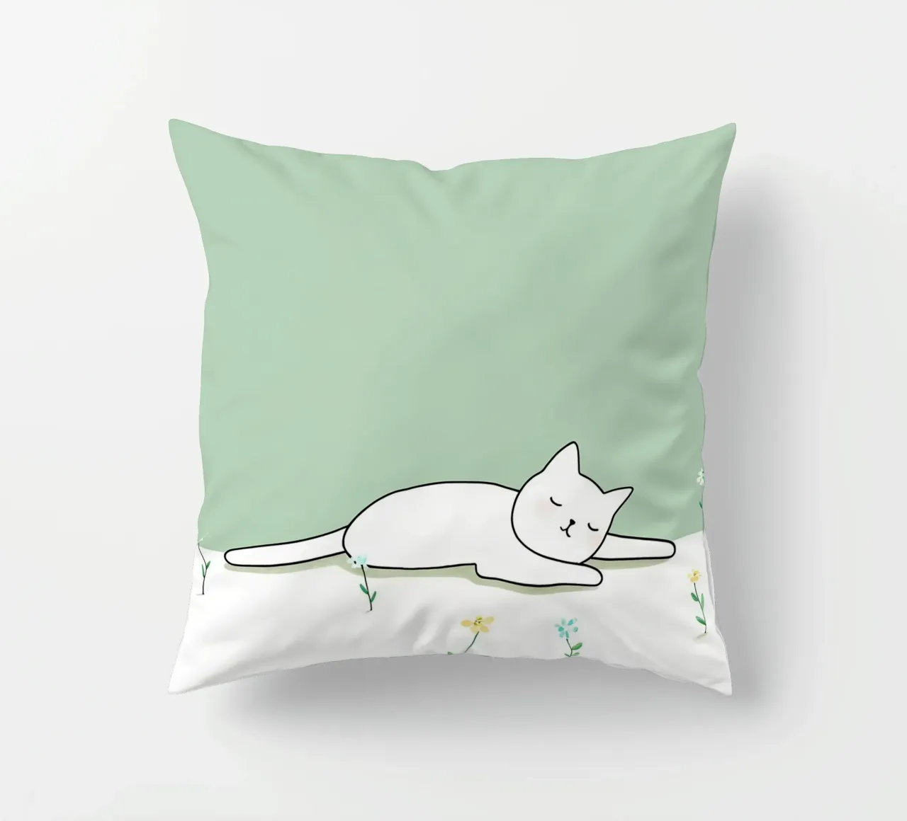 Cat Sleeping with Flowers Minimalist Line Art Drawing decorative cushion by Viv Line Art