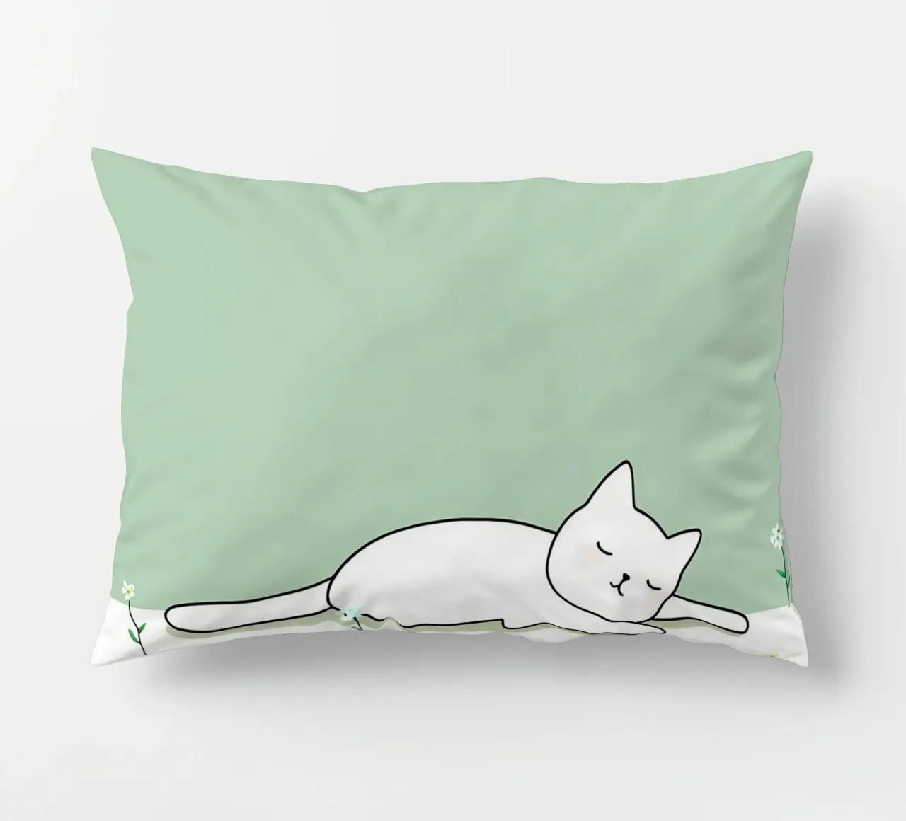 Cat Sleeping with Flowers Minimalist Line Art Drawing decorative cushion by Viv Line Art