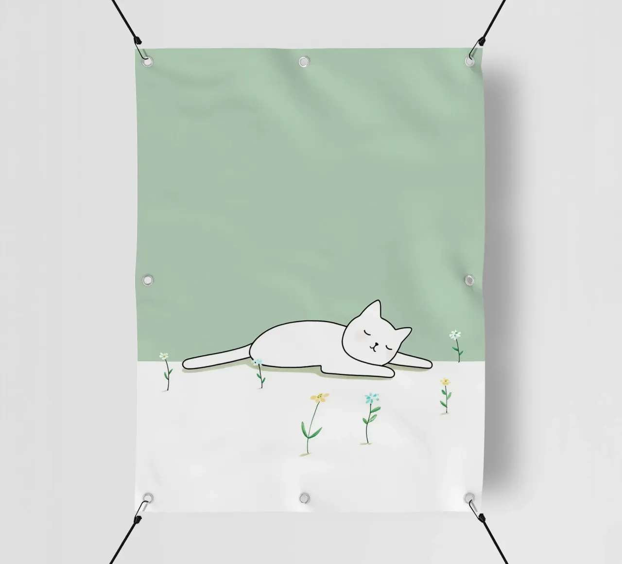 Chat dormant avec des fleurs Dessin au trait minimaliste bâche pvc de Viv Line Art