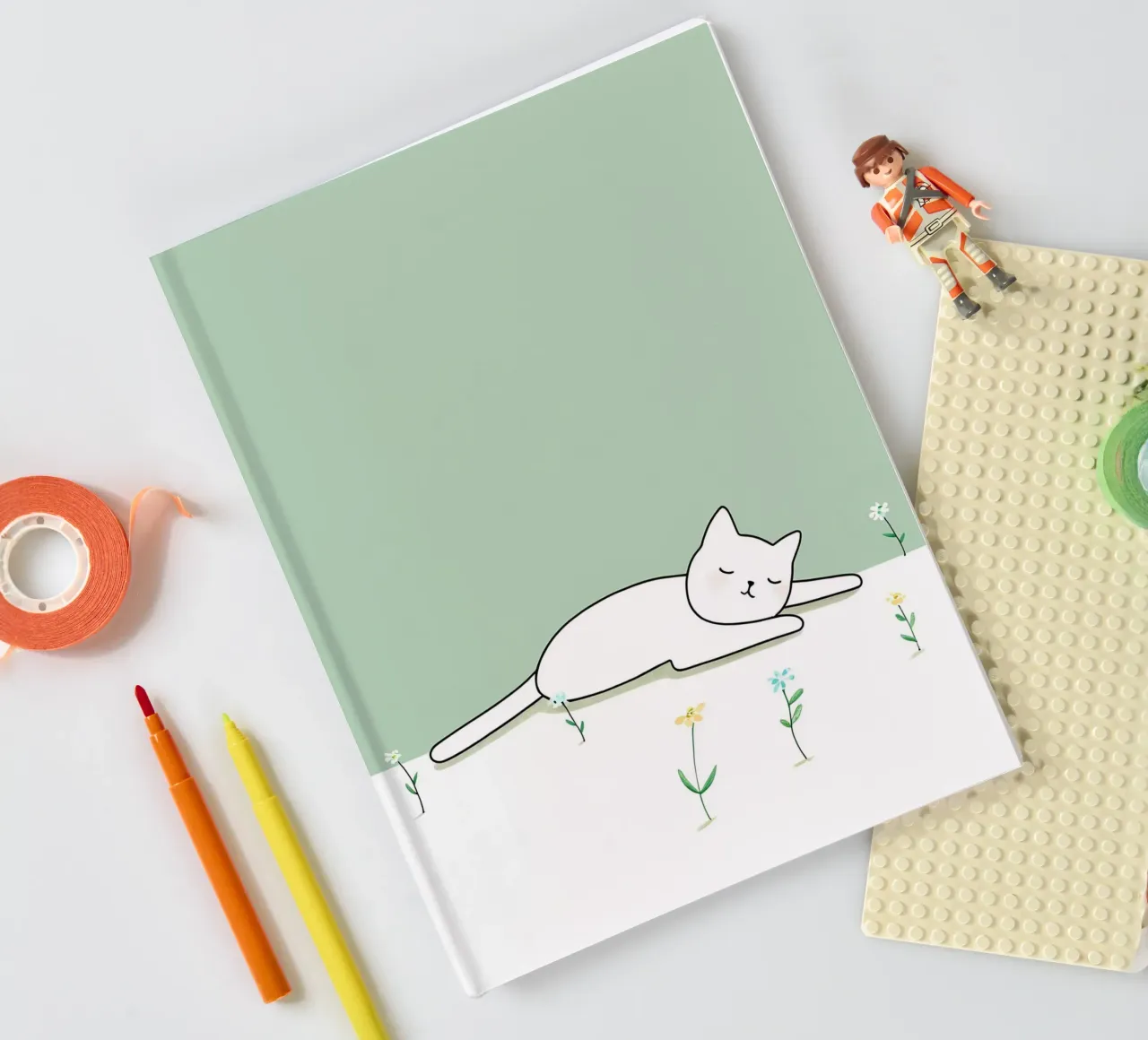 Cat Sleeping with Flowers Minimalist Line Art Drawing notebook by Viv Line Art