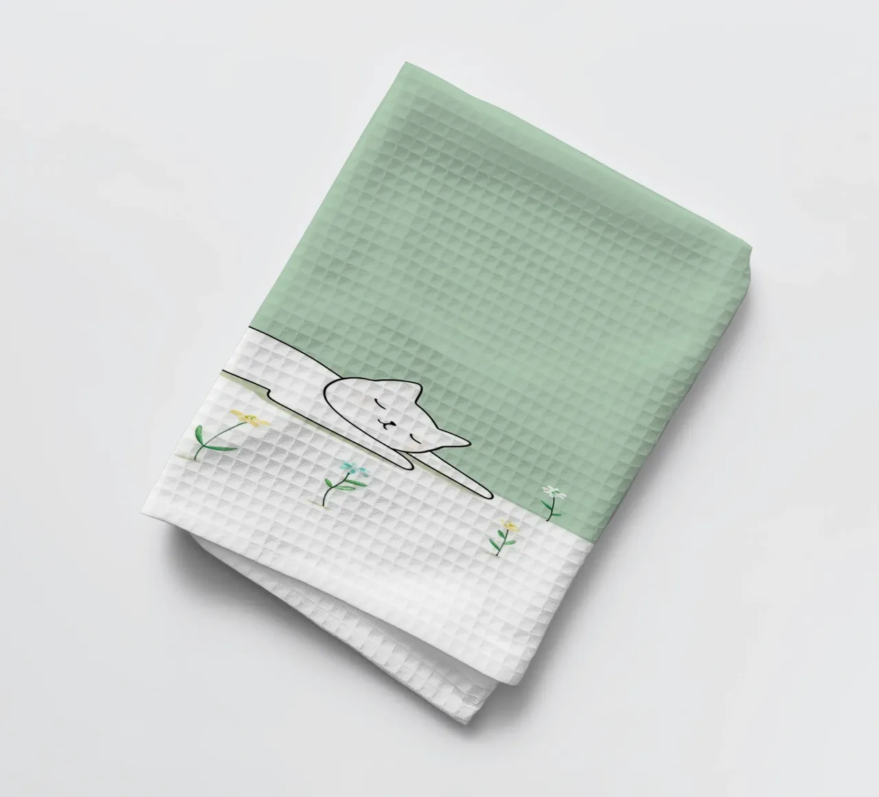 Chat dormant avec des fleurs Dessin au trait minimaliste torchon de Viv Line Art