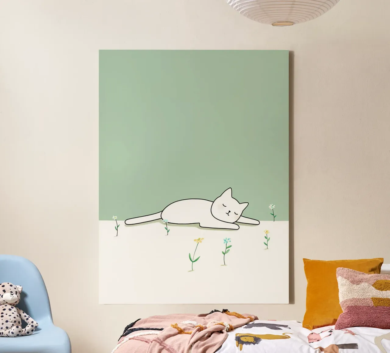 Cat Sleeping with Flowers Minimalist Line Art Drawing canvas by Viv Line Art