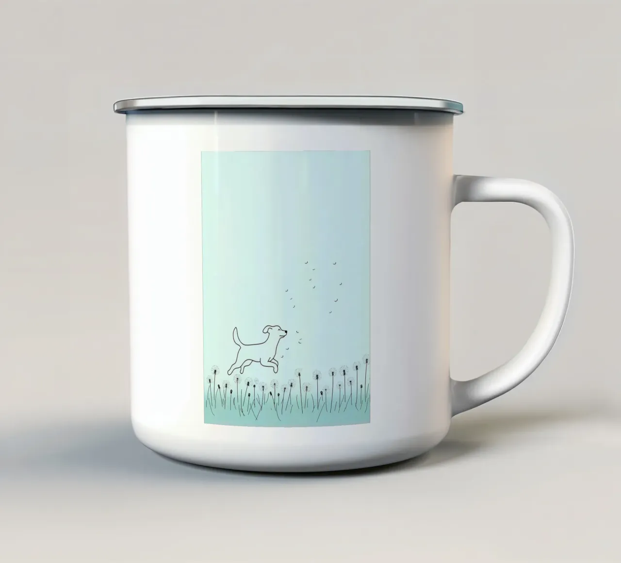 Cane in un campo di fiori Disegno lineare minimalista tazza in smalto da Viv Line Art