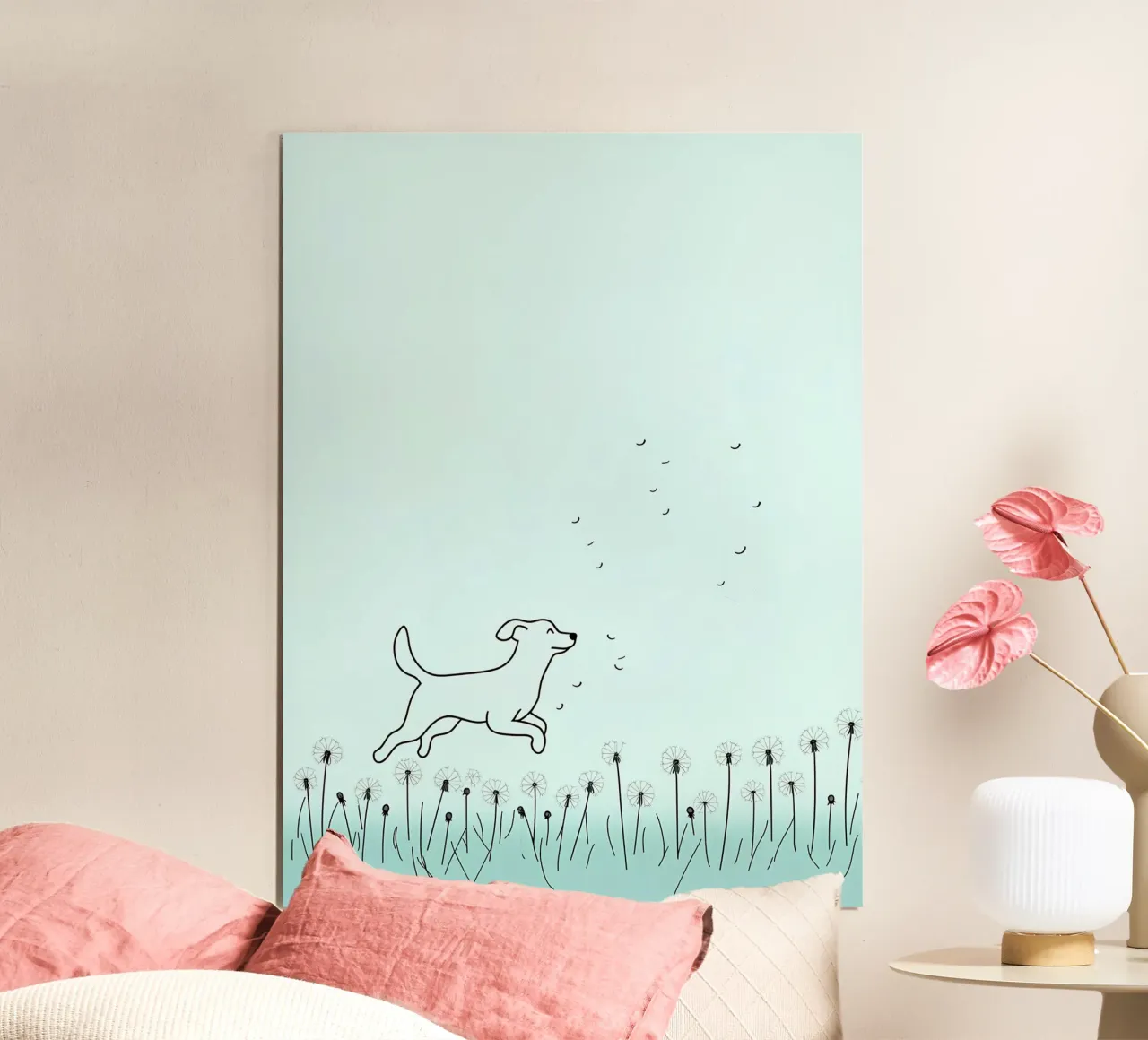 Cane in un campo di fiori Disegno lineare minimalista poster con telaio in alluminio da Viv Line Art
