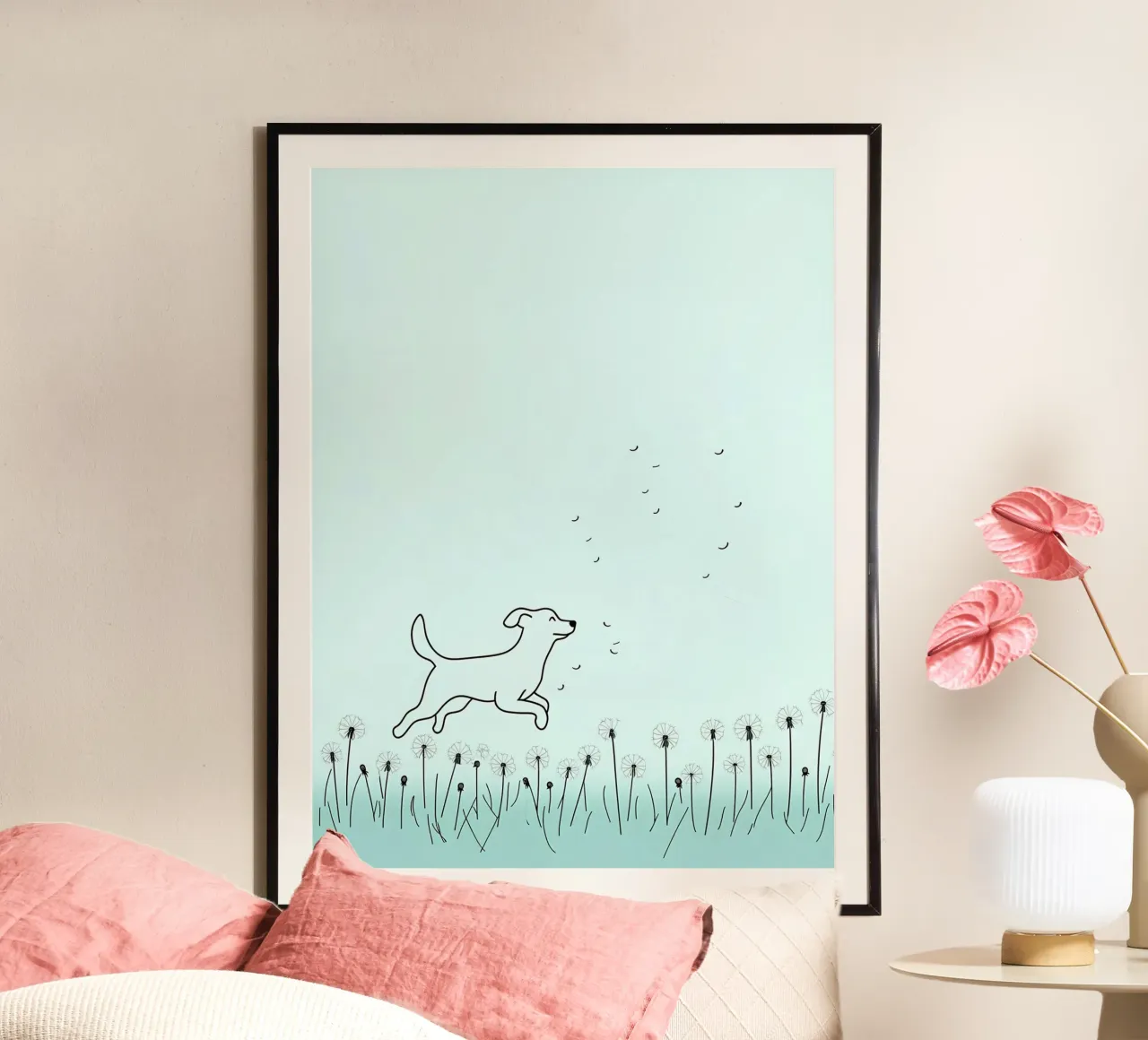 Cane in un campo di fiori Disegno lineare minimalista poster con telaio in alluminio da Viv Line Art