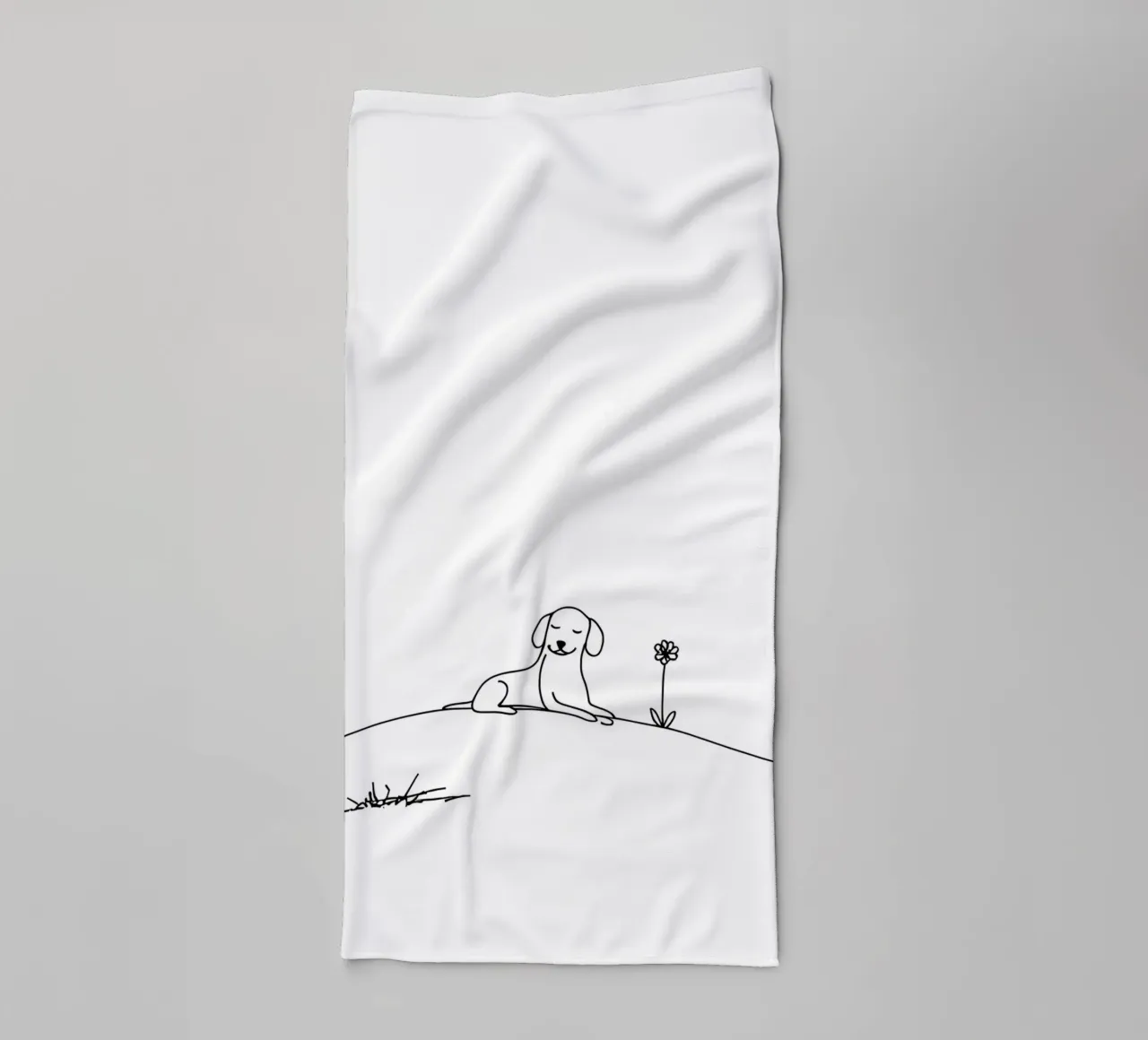 Chien sur la colline avec une fleur Dessin au trait minimaliste serviette de bain de Viv Line Art