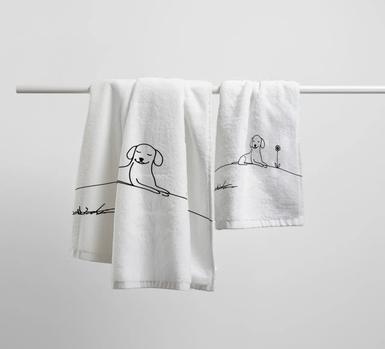 Chien sur la colline avec une fleur Dessin au trait minimaliste serviette de bain de Viv Line Art