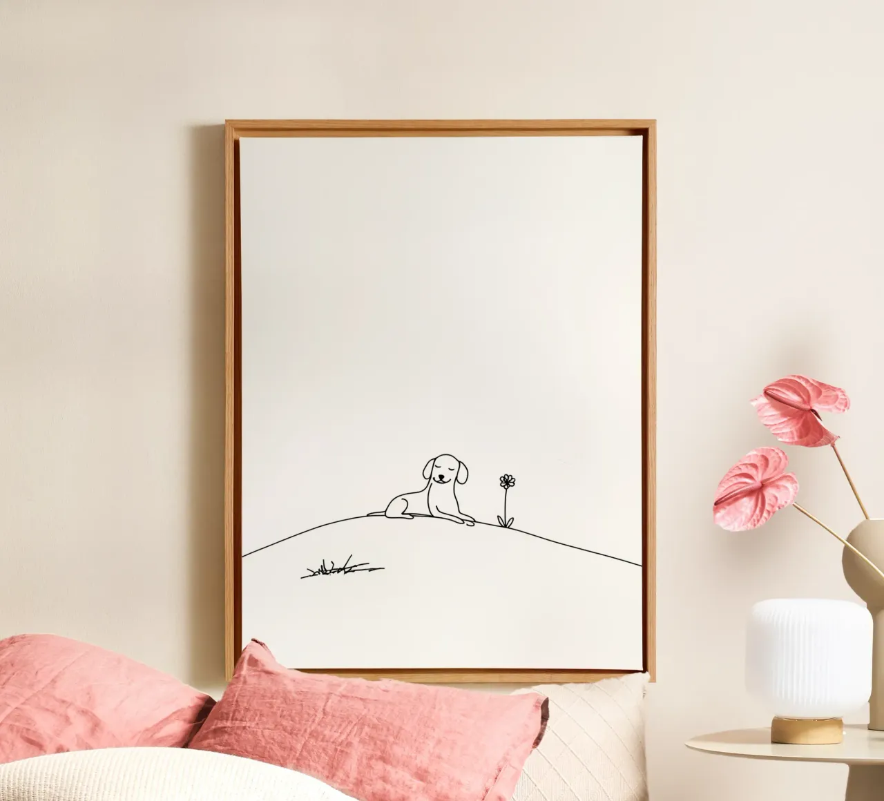 Chien sur la colline avec une fleur Dessin au trait minimaliste toile avec Caisse américaine de Viv Line Art