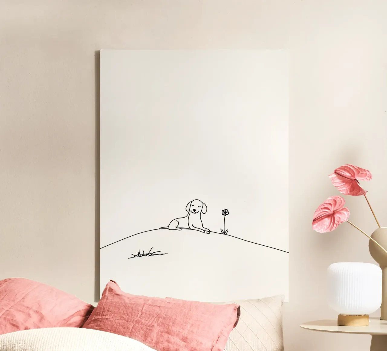 Chien sur la colline avec une fleur Dessin au trait minimaliste toile avec Caisse américaine de Viv Line Art